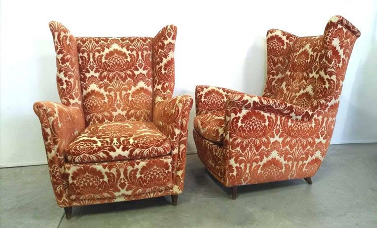Orange Damask Velvet Wing Armchairs by Melchiorre Bega  In Good Condition For Sale In Fossano, IT