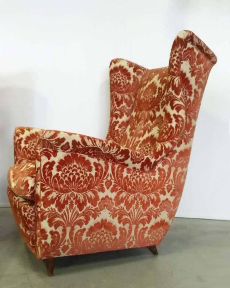 Mid-20th Century Orange Damask Velvet Wing Armchairs by Melchiorre Bega  For Sale