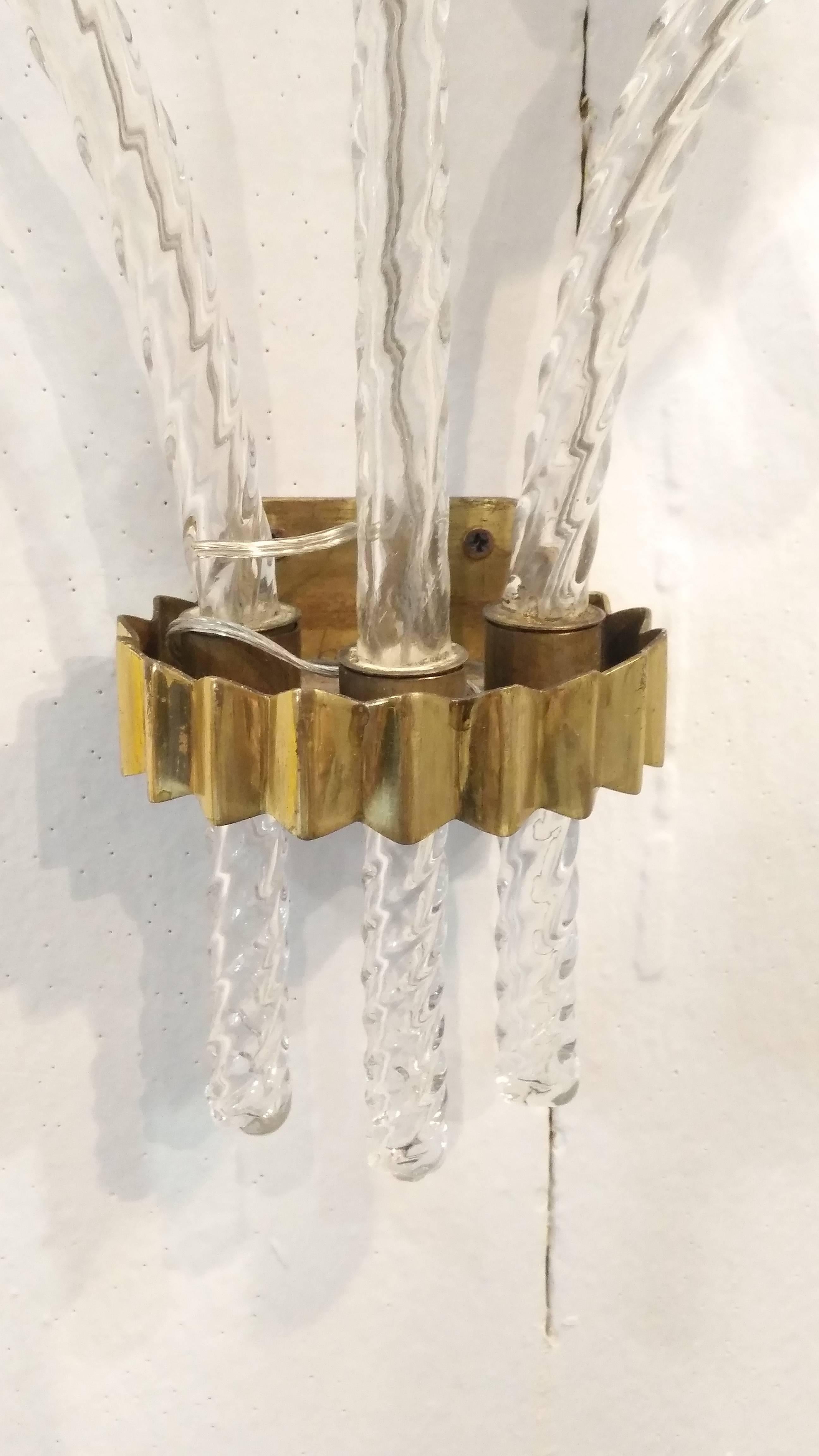 Mid-Century Modern Pulegoso Glass and Brass Wall Sconces by Barovier, 1940 For Sale