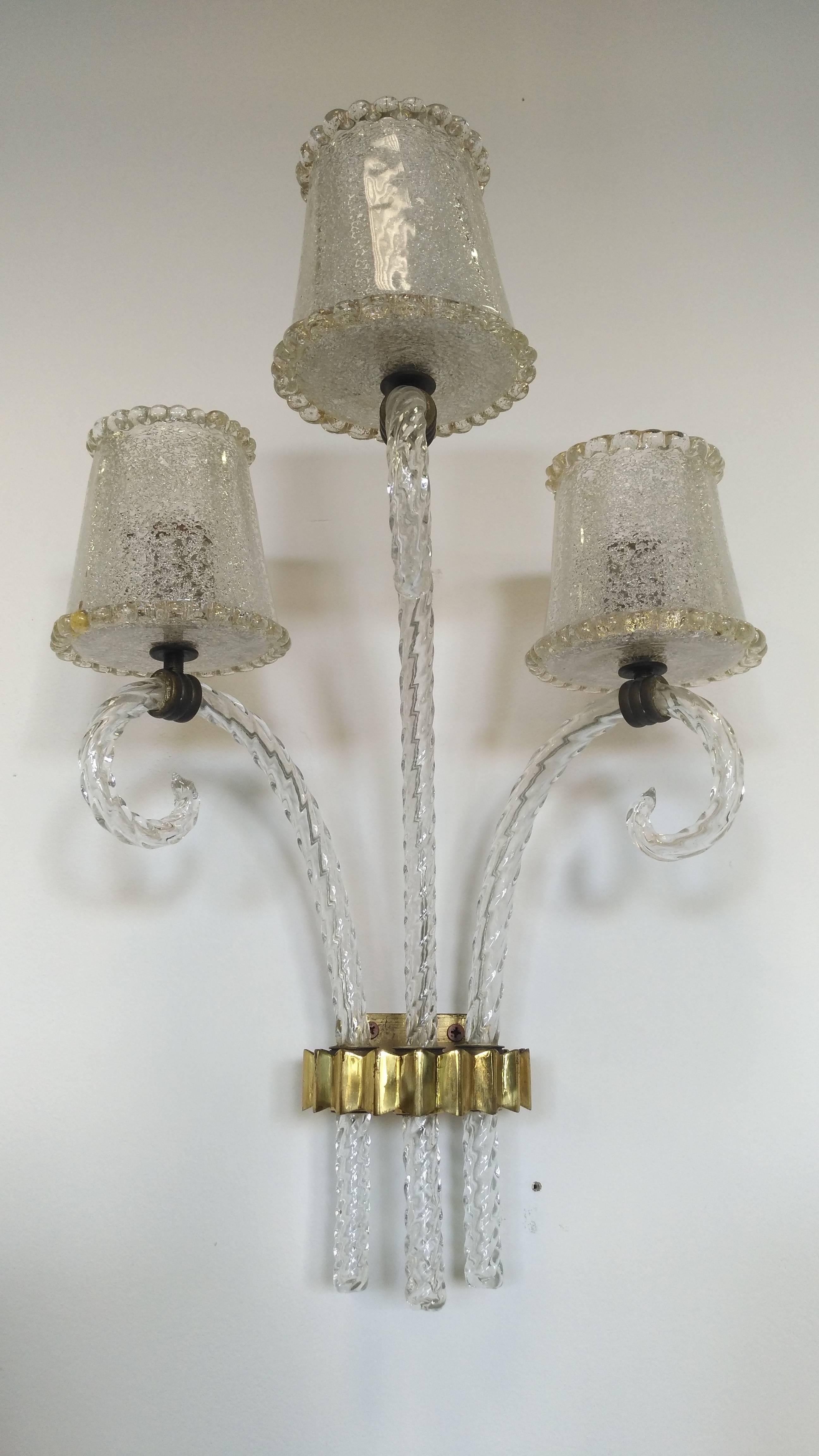 Pulegoso Glass and Brass Wall Sconces by Barovier, 1940 In Good Condition For Sale In Fossano, IT