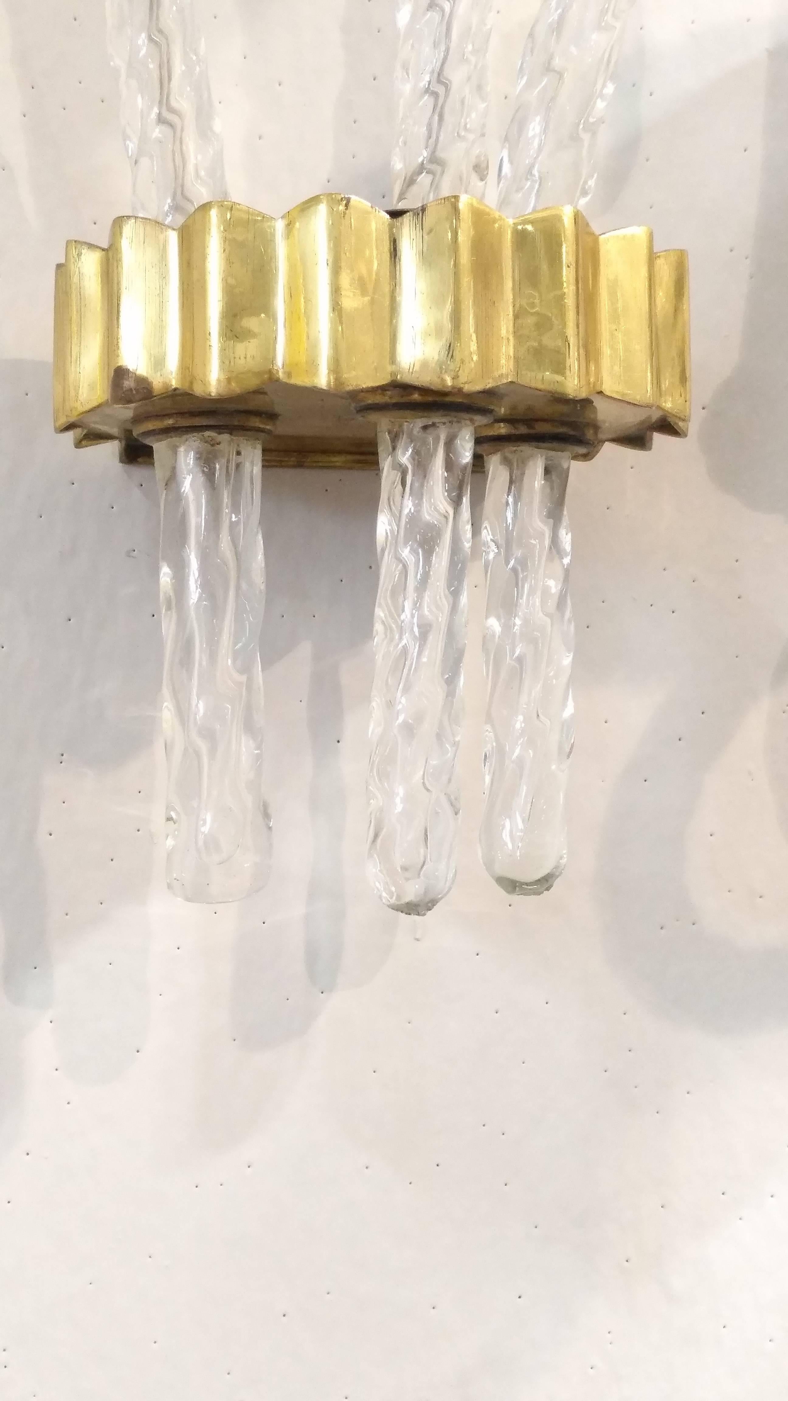 Mid-20th Century Pulegoso Glass and Brass Wall Sconces by Barovier, 1940 For Sale