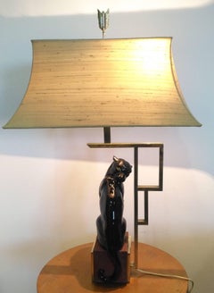 1950 Black Ceramic Table Lamp with Brass Frame