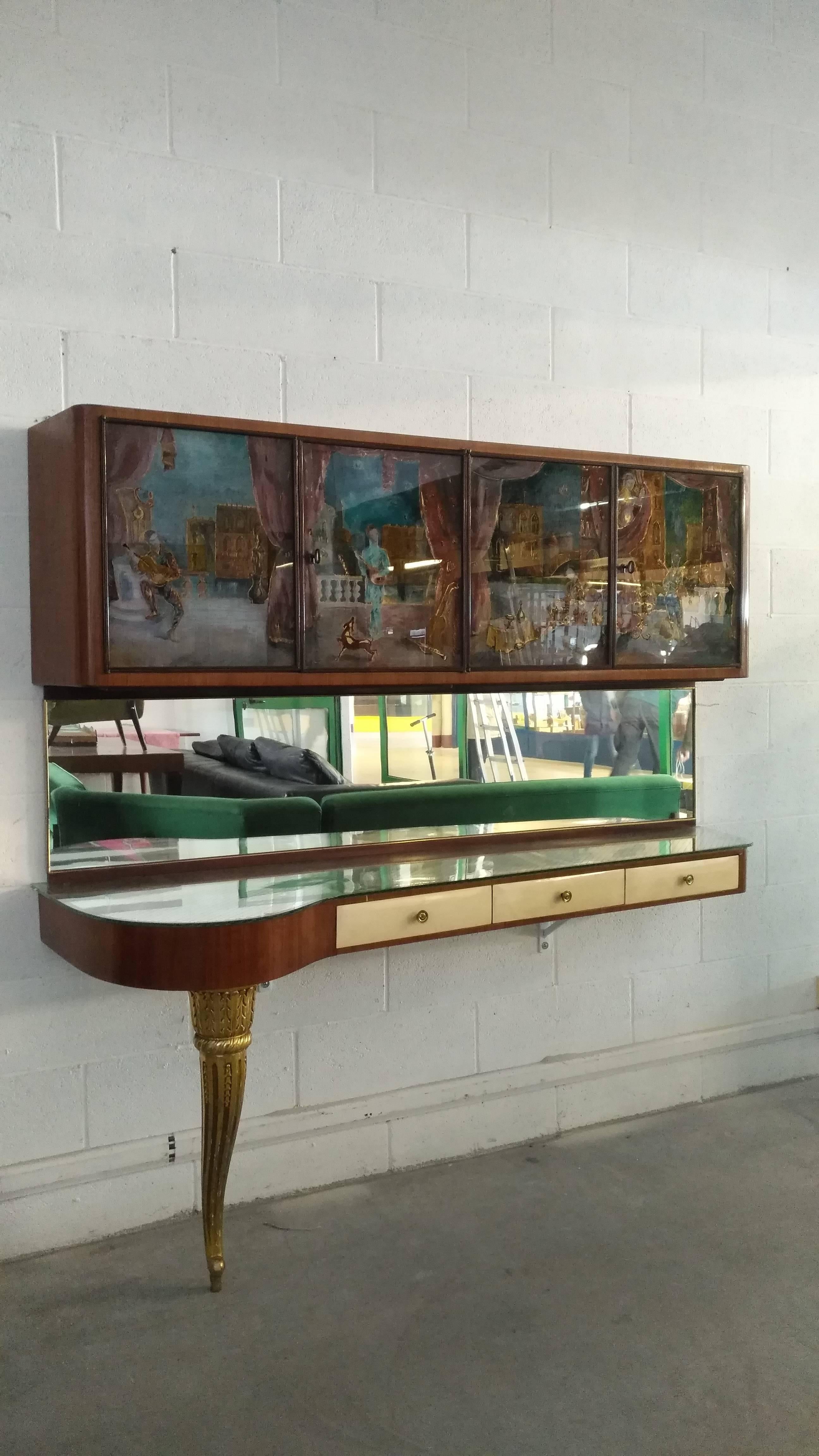 Painted Glass Mahogany Wood and Parchment Italian Console, 1950 For Sale 2