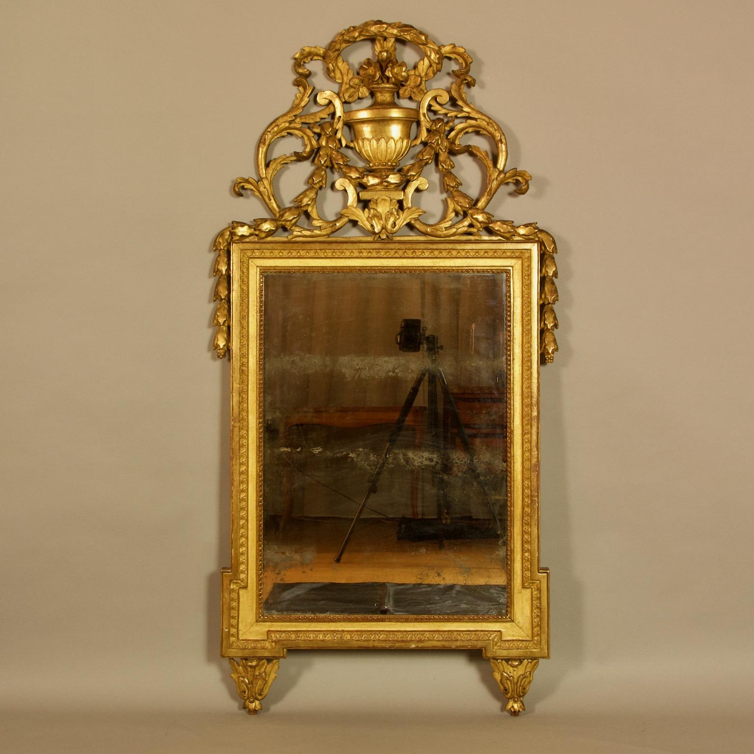 Wood French 18th Century Louis XVI Neoclassical Giltwood Vase Motif Wall Mirror