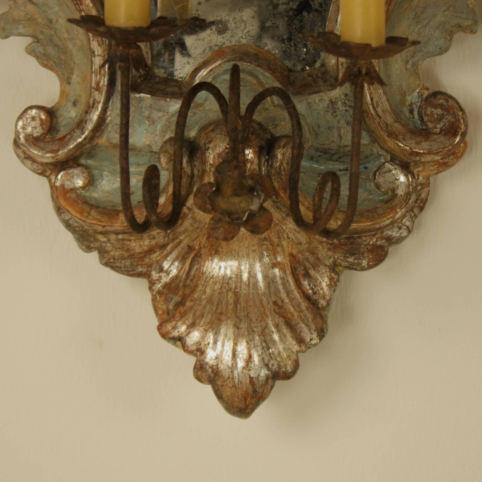 Pair of 18th Century Italian Baroque Painted and Silvered Sconces or Wall Lights In Good Condition In Berlin, DE