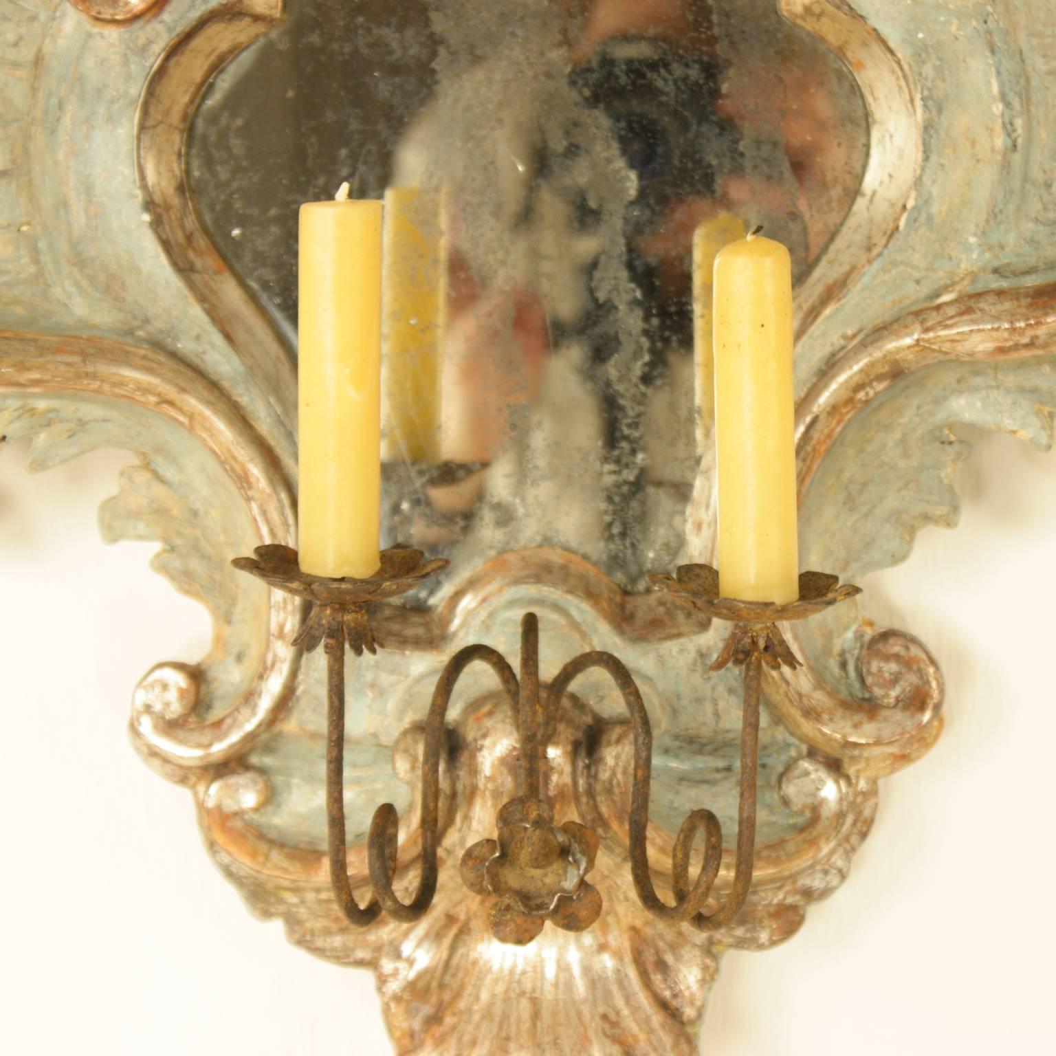 Louis XV Pair of 18th Century Italian Baroque Painted and Silvered Sconces or Wall Lights