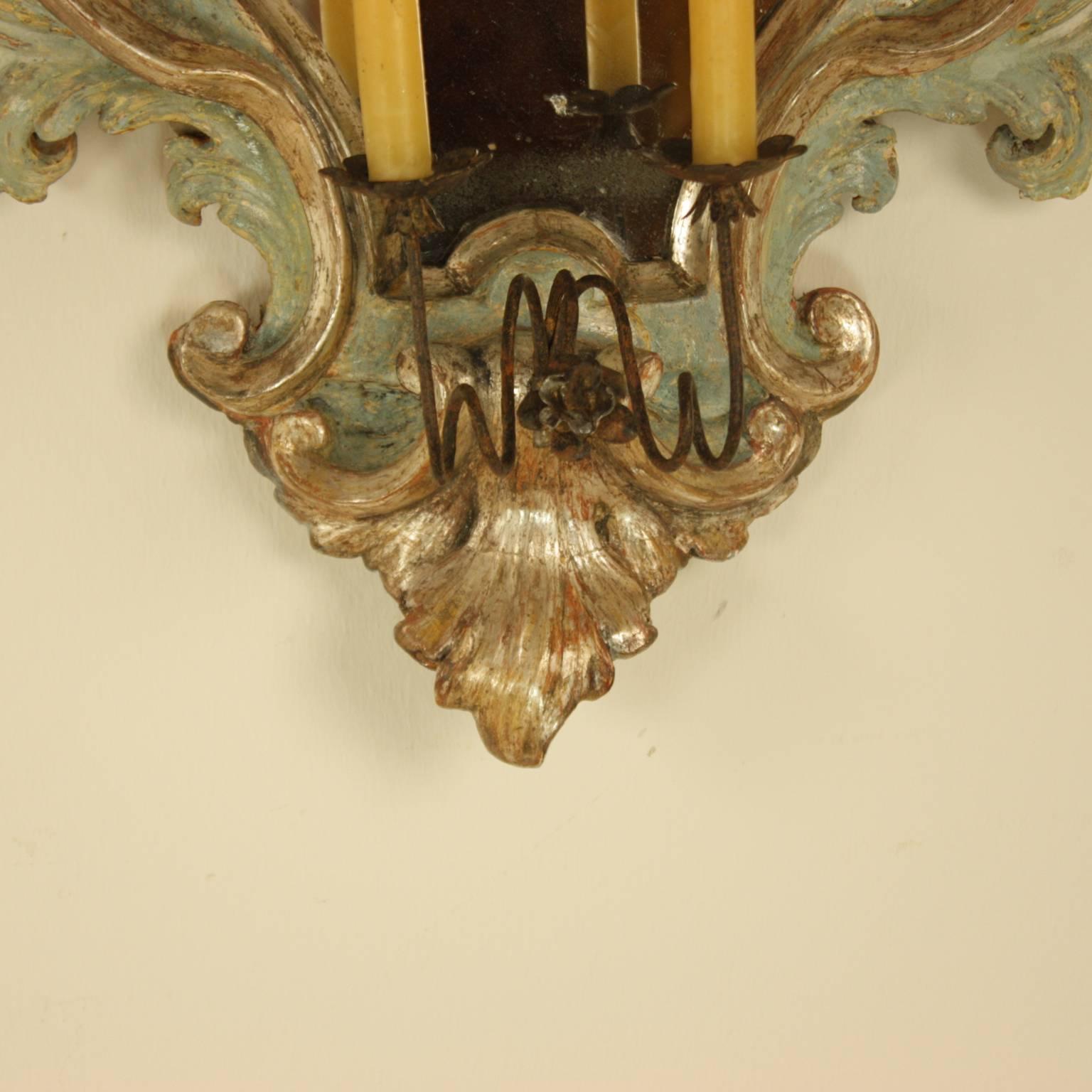 Pair of 18th Century Italian Baroque Painted and Silvered Sconces or Wall Lights 2