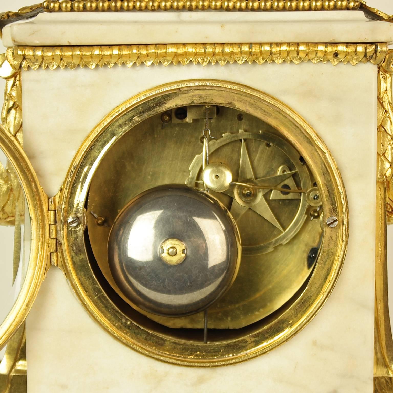 Enamel 18th Century Louis XVI Gilt-Bronze and White Marble Mantel Clock, circa 1780 For Sale