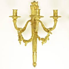 Pair of Louis XVI Style Three-Light Quiver Gilt-Bronze Sconce, attr. H. Vian
