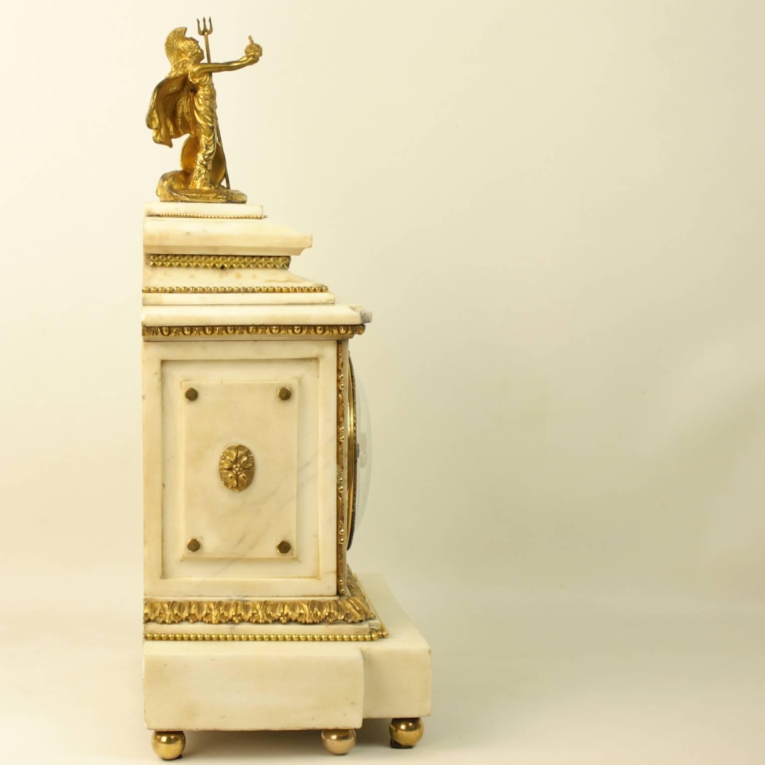 Large 18th Century French Louis XVI White Marble Mantel Clock with Pallas Athena For Sale 3