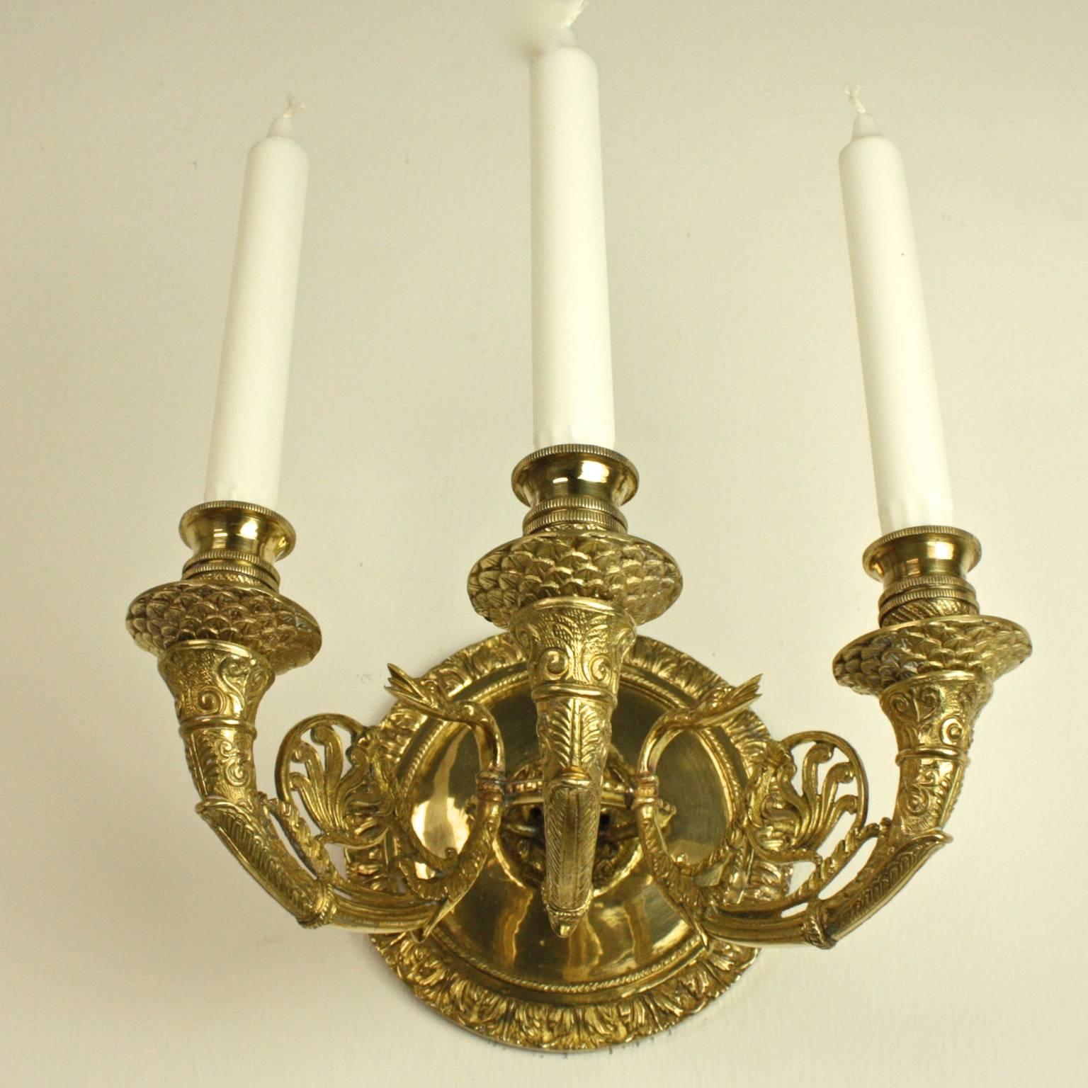 Empire Pair of Probably Russian Three-Branch Wall Lights, circa 1900