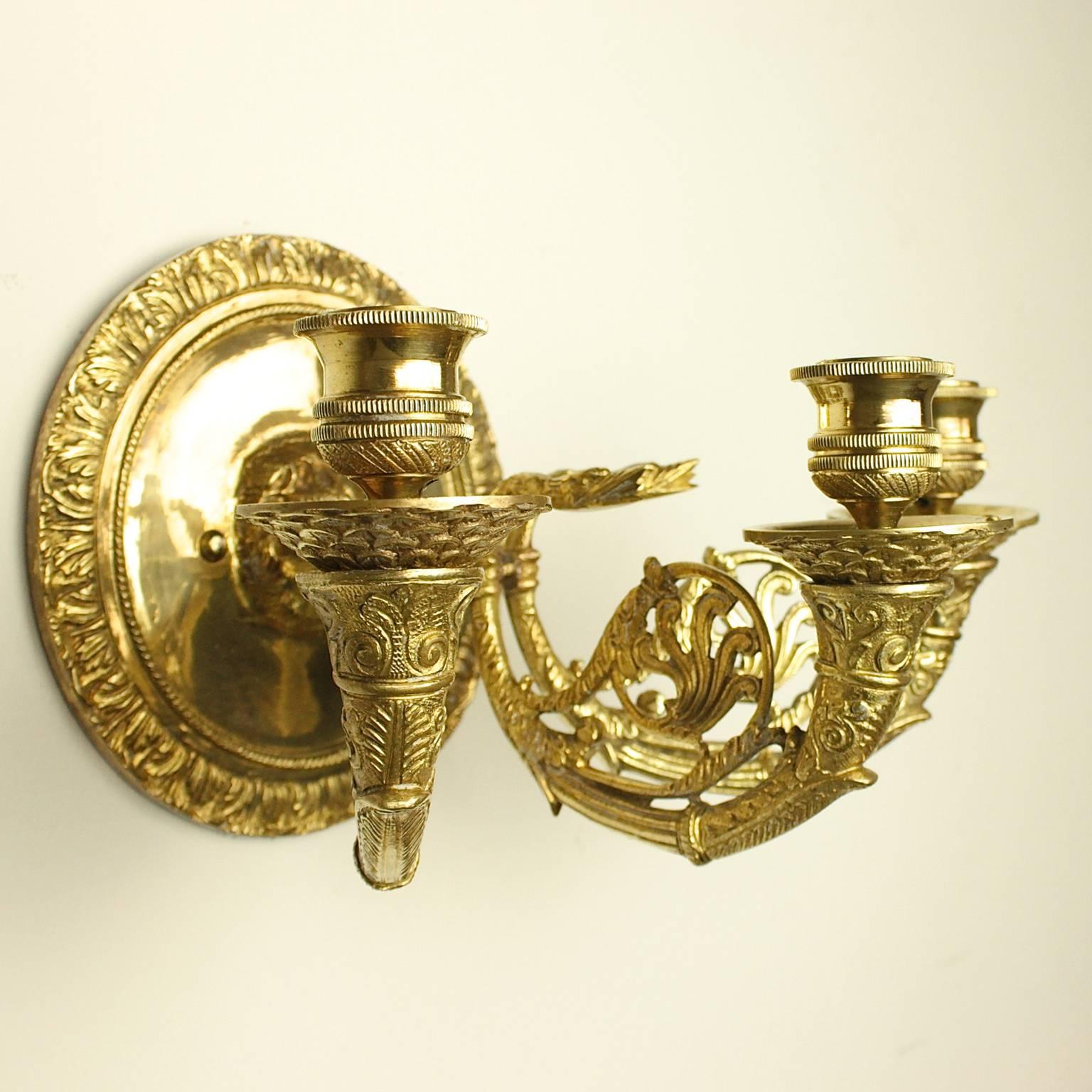 Pair of Probably Russian Three-Branch Wall Lights, circa 1900 In Good Condition In Berlin, DE