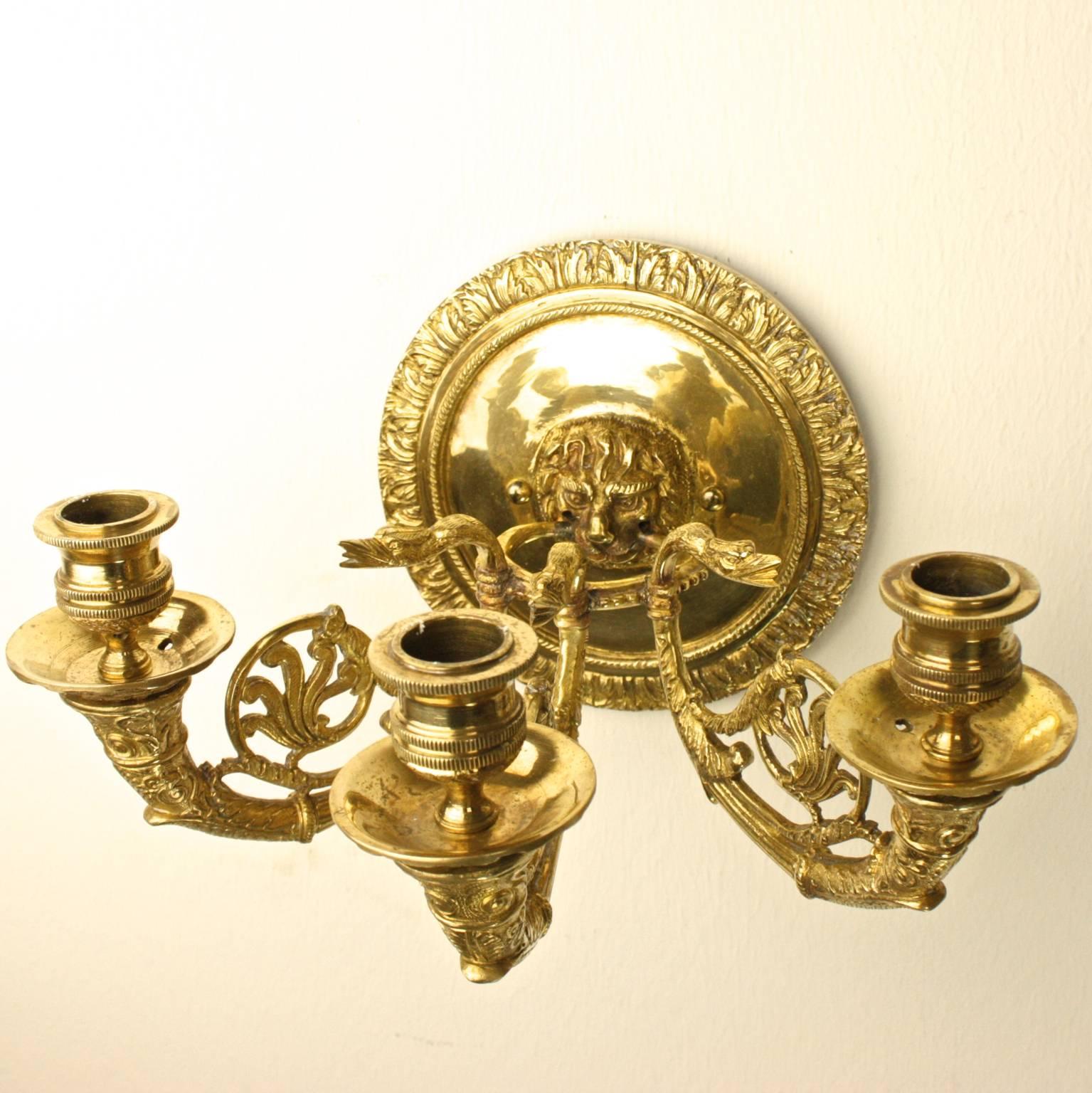 Late 19th Century Pair of Probably Russian Three-Branch Wall Lights, circa 1900