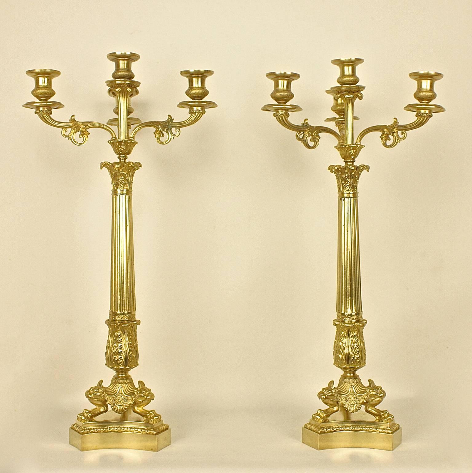 Pair of 19th century gilt-bronze candelabra, each with a tapering reeded stem supporting three foliate cast candle branches and one central branch, raised on lion head and paw, on a  tripartite base.  
