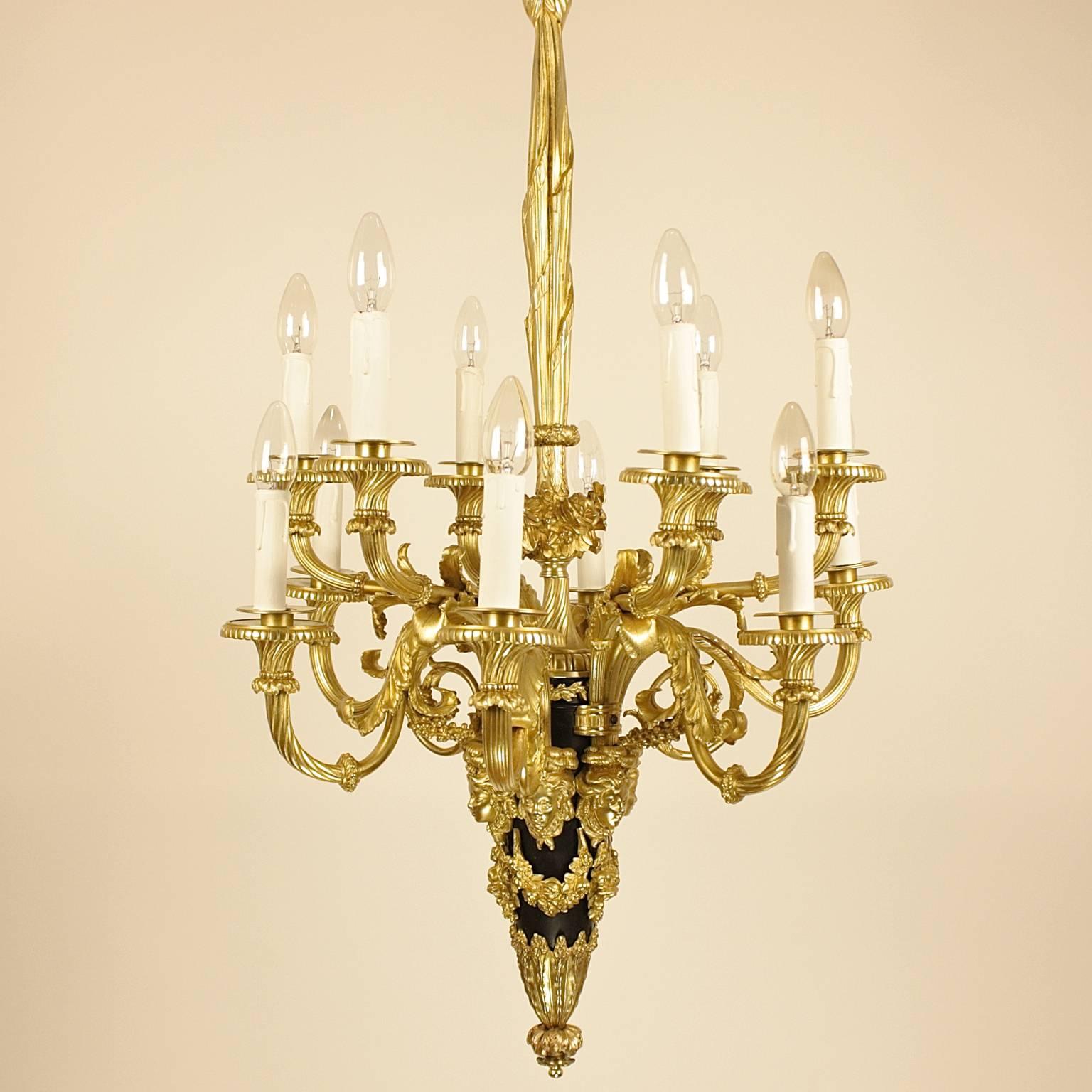 19th Century French Louis XVI Gilt Bronze S.Cloud Chandelier after P.P. Thomire attr. Beurdeley

A magnificient twelve-light gilt bronze chandelier with a central shaft chased with festoons, flowers and foliate set off against a patinated black