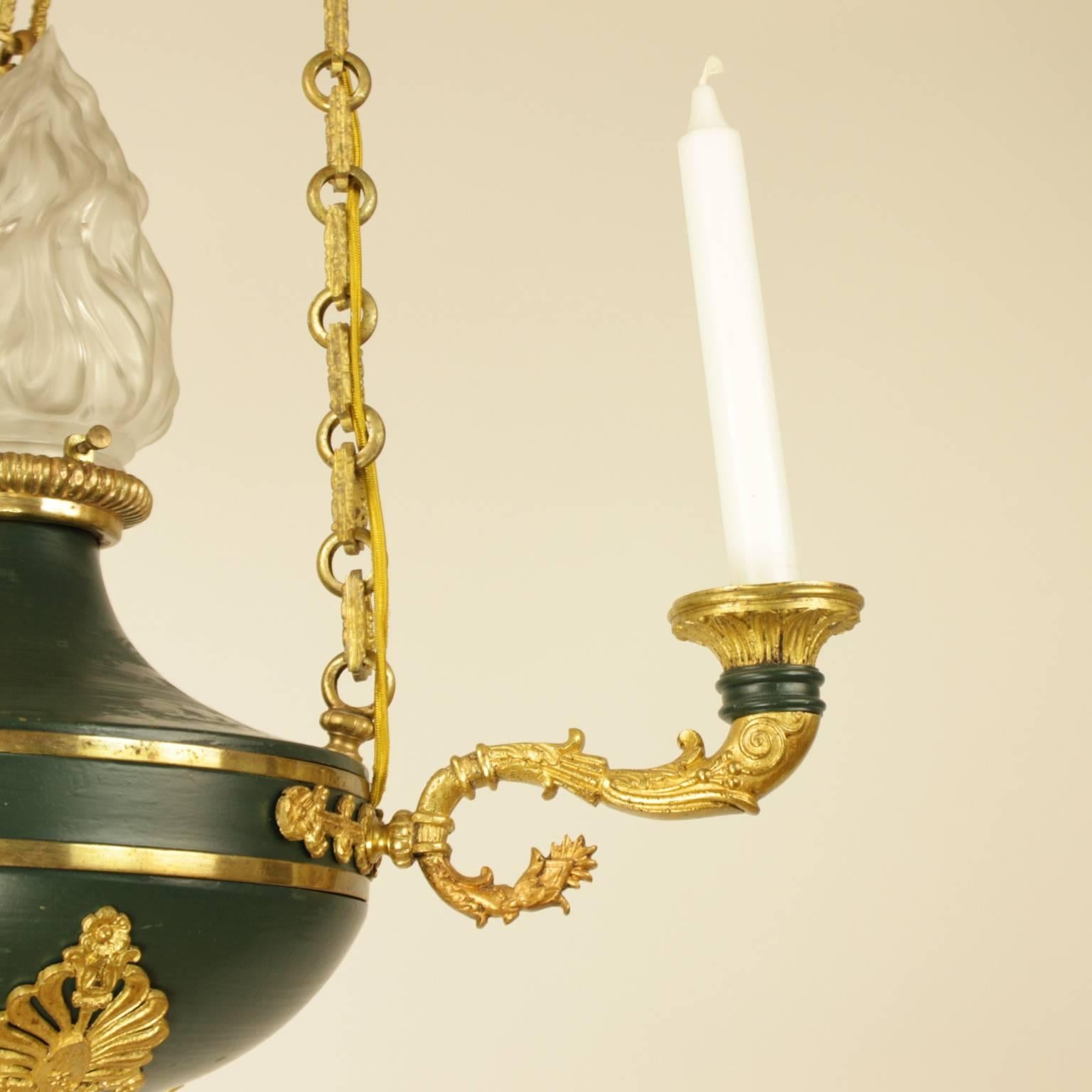 French Empire Style Gilt Bronze and Green Tole Three-Light Chandelier