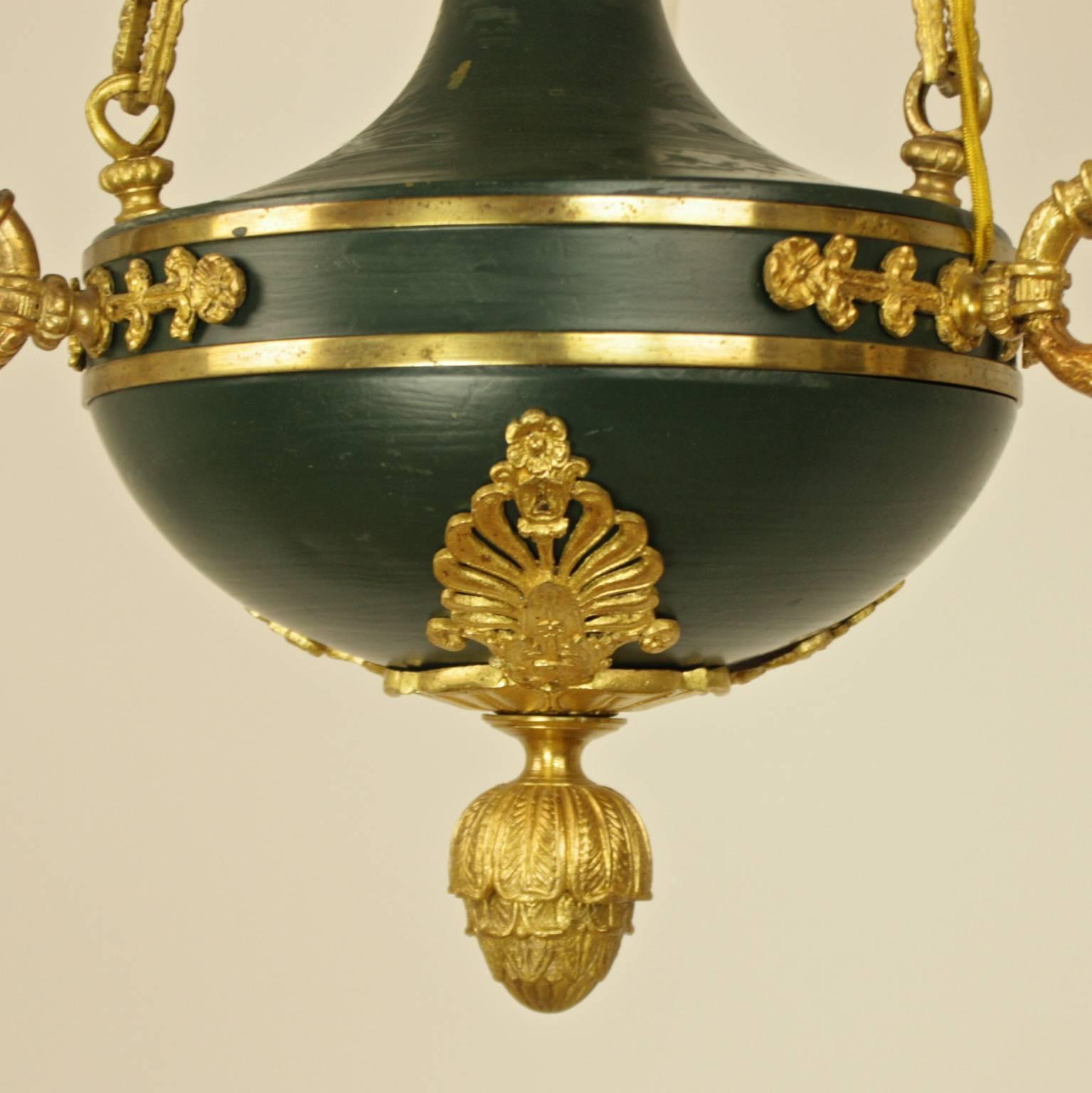 Empire Style Gilt Bronze and Green Tole Three-Light Chandelier In Good Condition In Berlin, DE