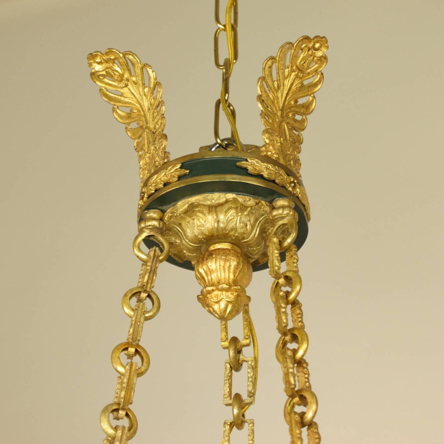 19th Century Empire Style Gilt Bronze and Green Tole Three-Light Chandelier