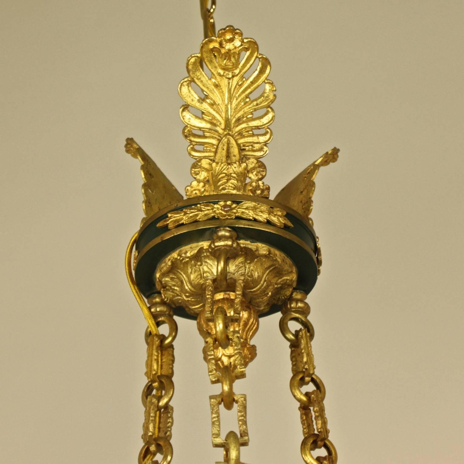 Metal Empire Style Gilt Bronze and Green Tole Three-Light Chandelier