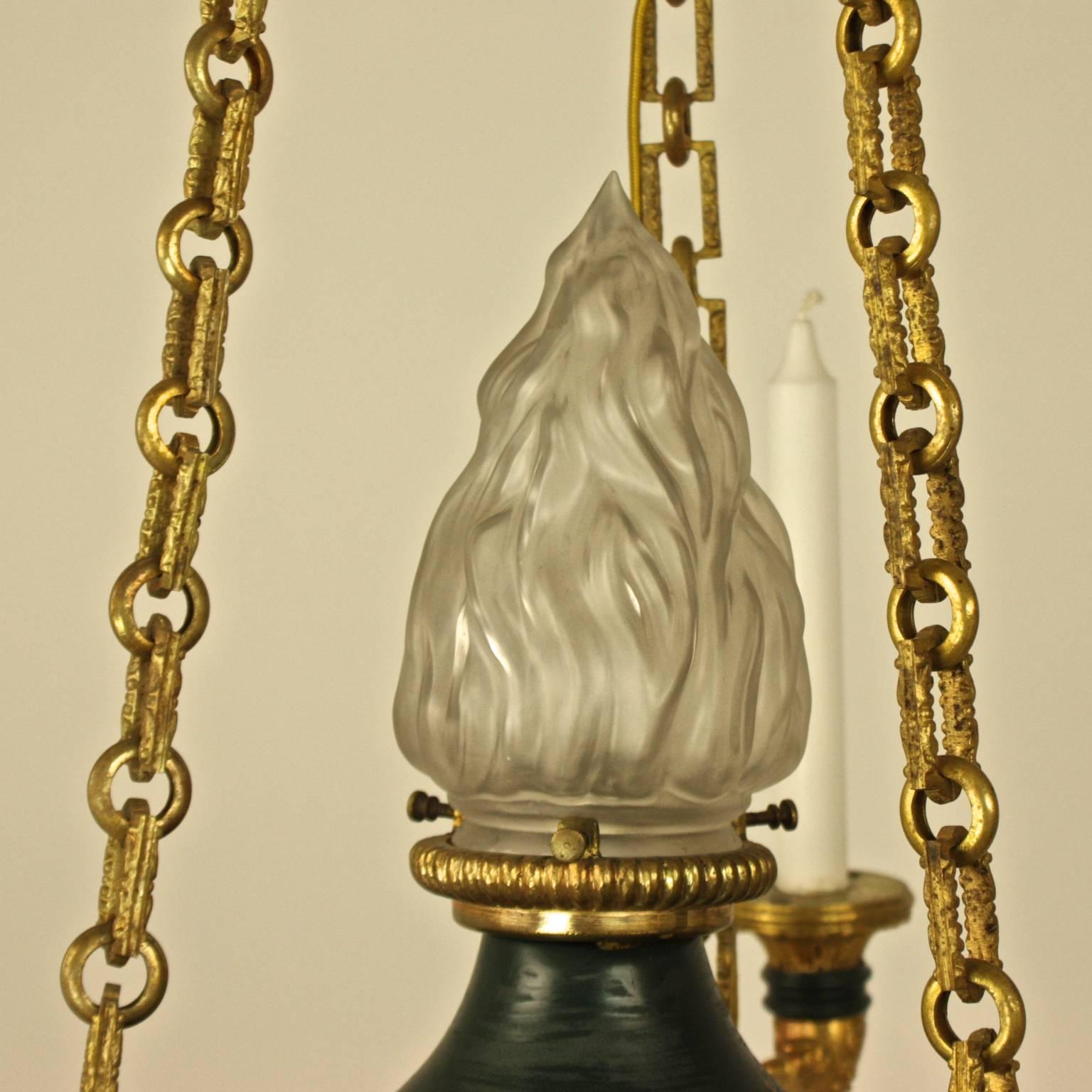 Empire Style Gilt Bronze and Green Tole Three-Light Chandelier 1