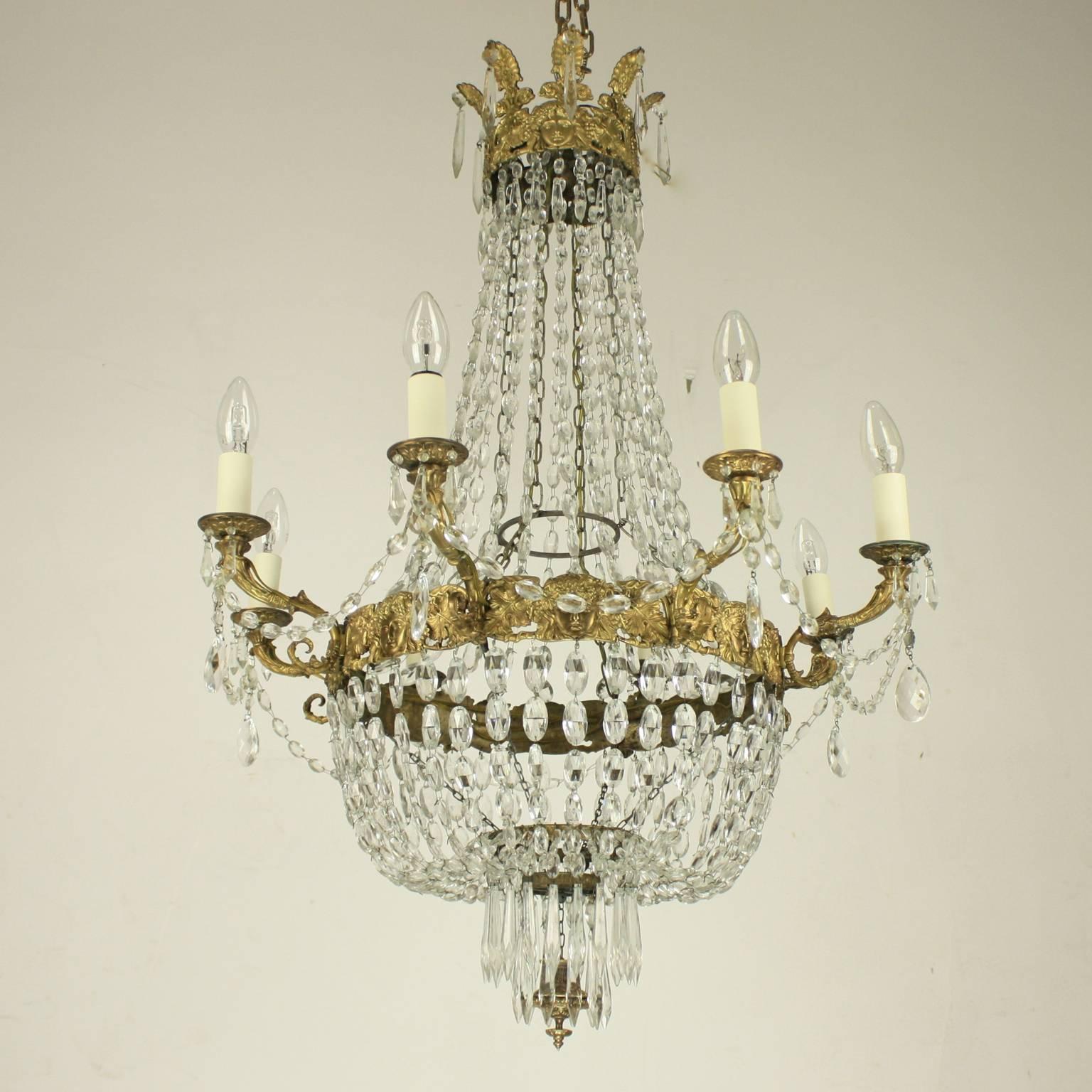 Late 19th Century French Gilt Bronze Crystal Bacchus' Heads Basket Chandelier

A late 19th century French gilt bronze and cut-crystal basket chandelier with an anthemion cast corona featuring further vine leaves alternating with masks of bacchus,