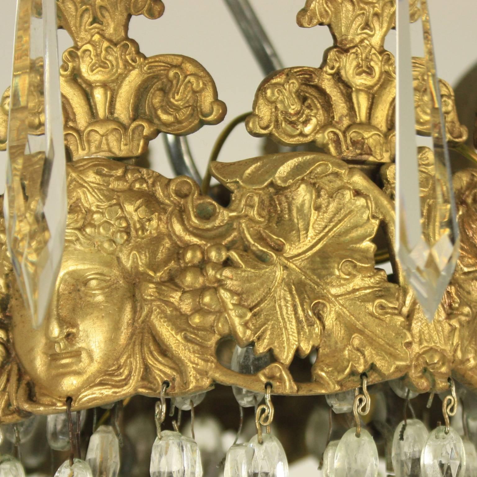 Late 19th Century French Gilt Bronze Crystal Bacchus' Heads Basket Chandelier In Good Condition In Berlin, DE