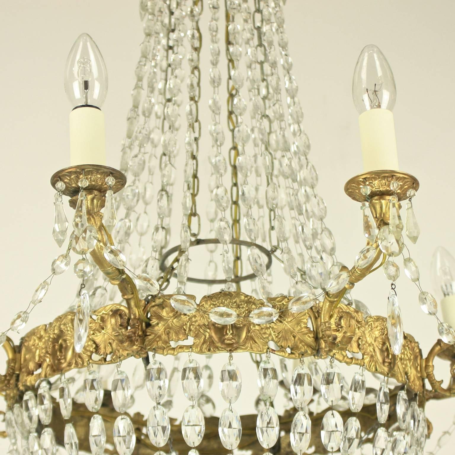 Late 19th Century French Gilt Bronze Crystal Bacchus' Heads Basket Chandelier 1
