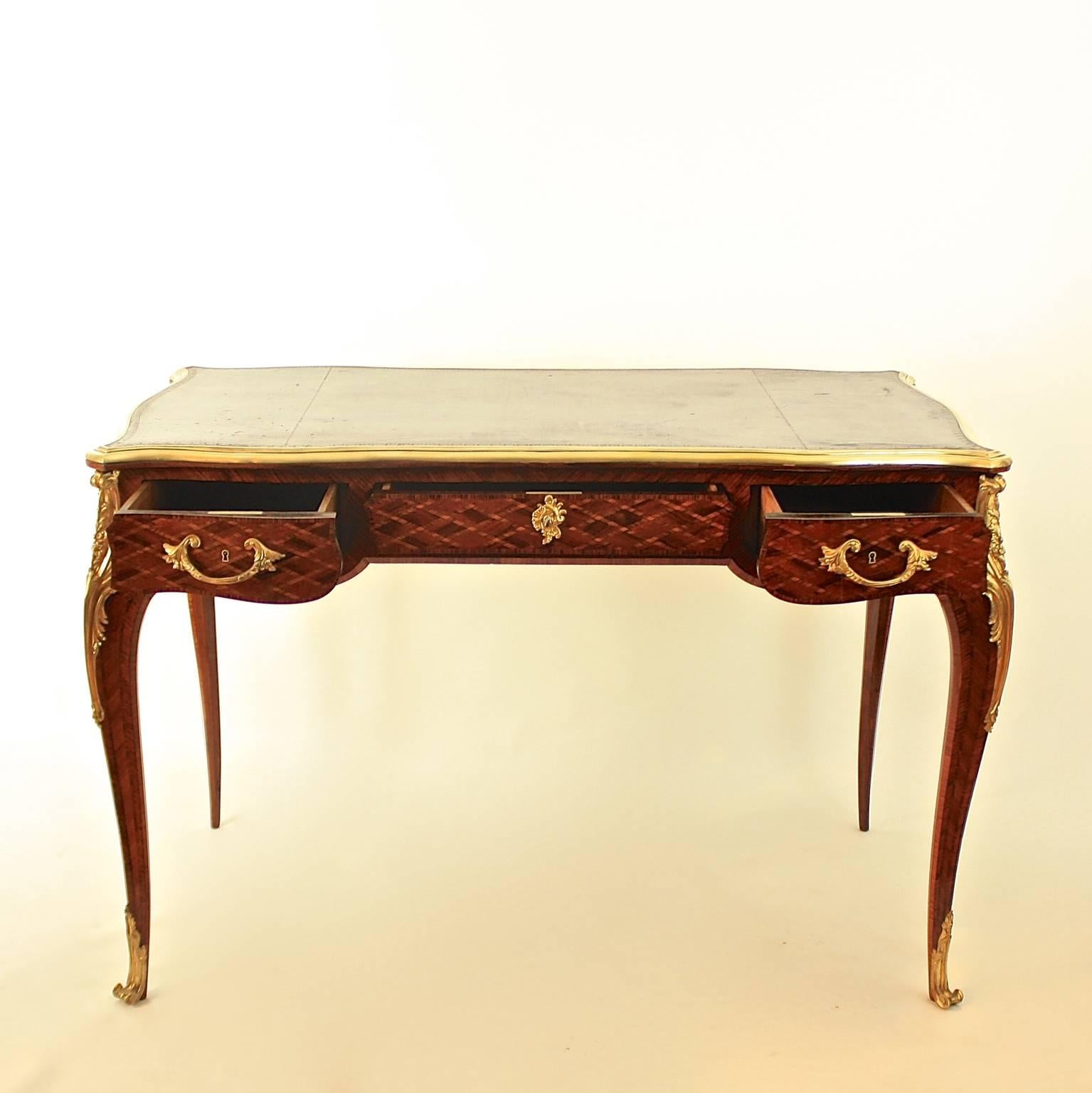 French Small Louis XV Style Gilt Bronze Mounted Marquetry Bureau Plat or Desk
