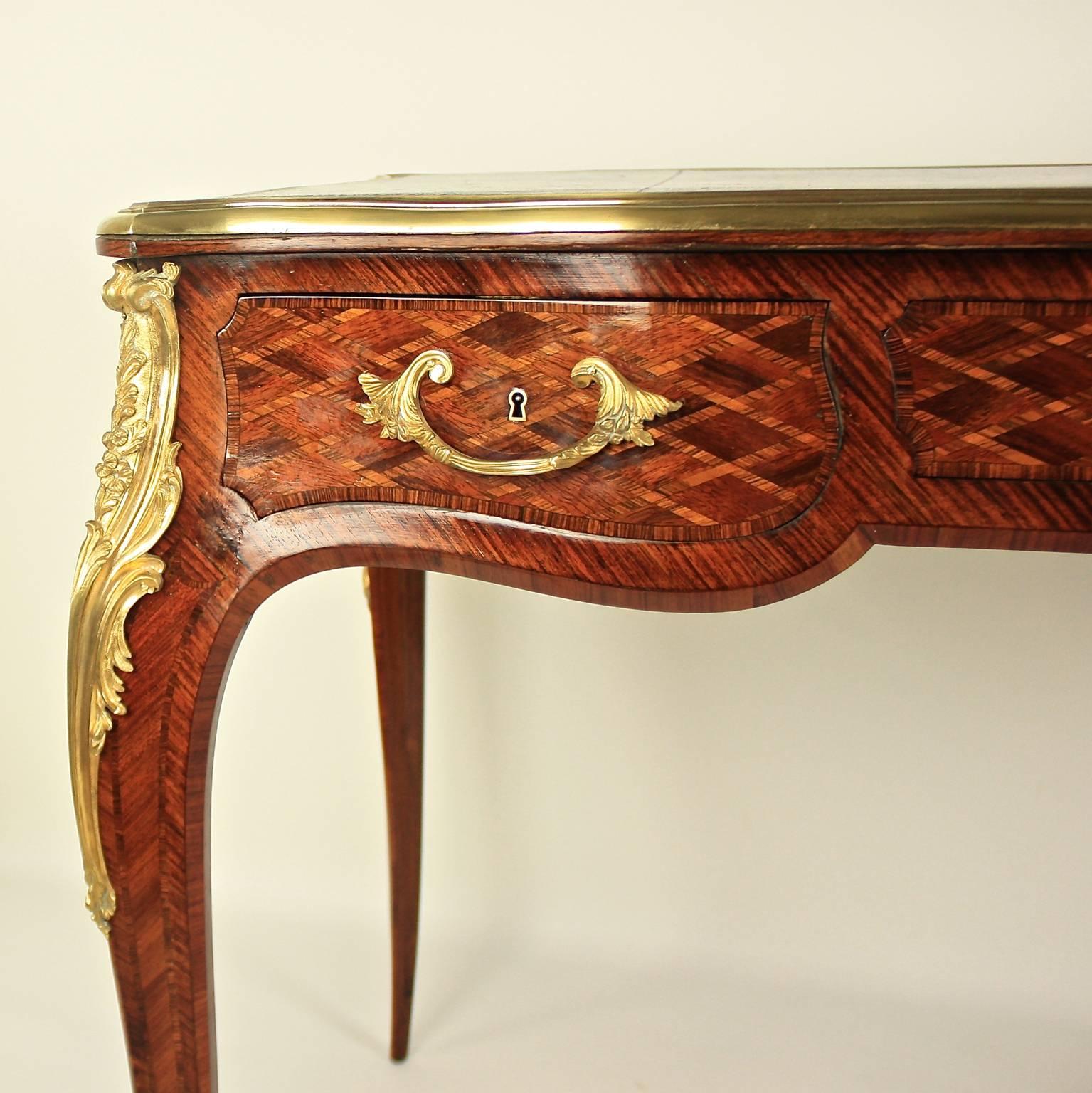 19th Century Small Louis XV Style Gilt Bronze Mounted Marquetry Bureau Plat or Desk