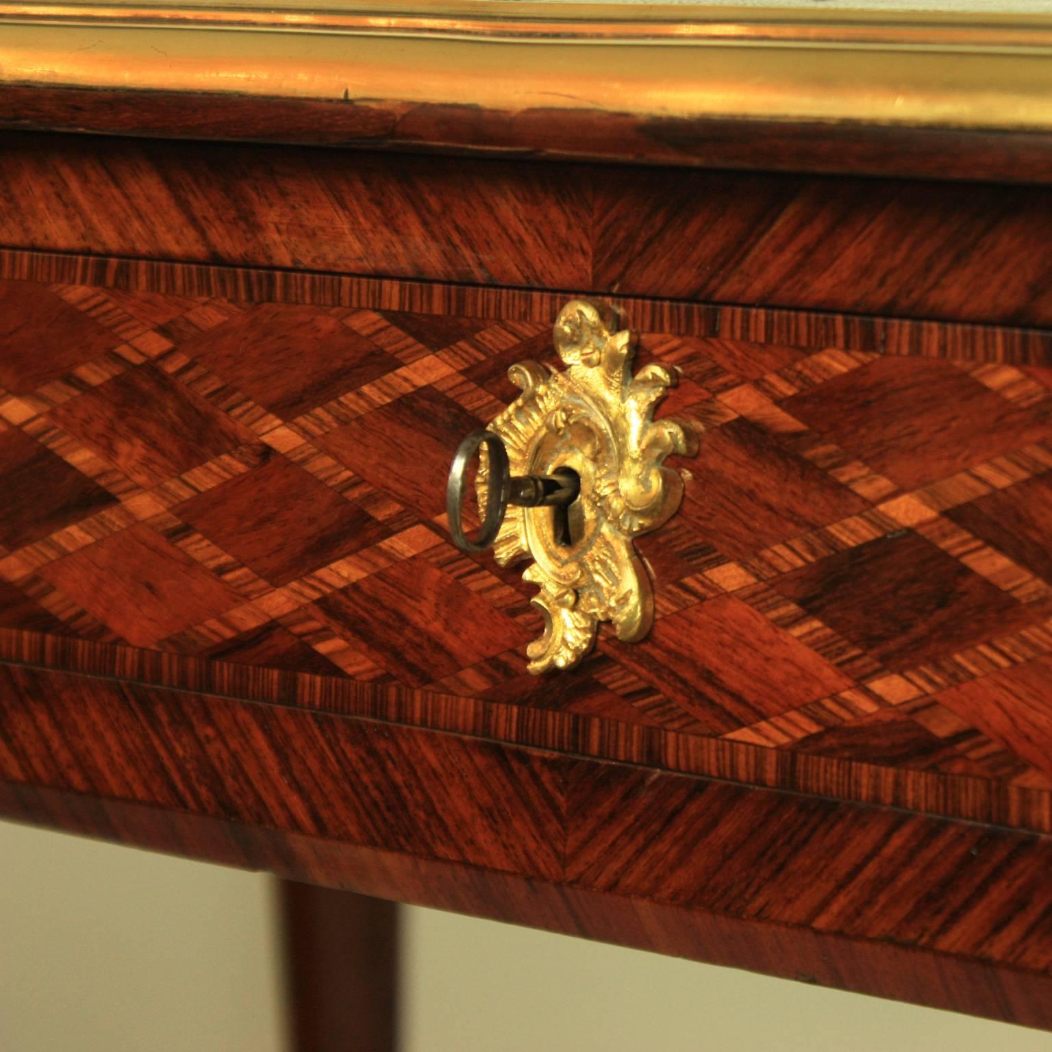 Small Louis XV Style Gilt Bronze Mounted Marquetry Bureau Plat or Desk 1