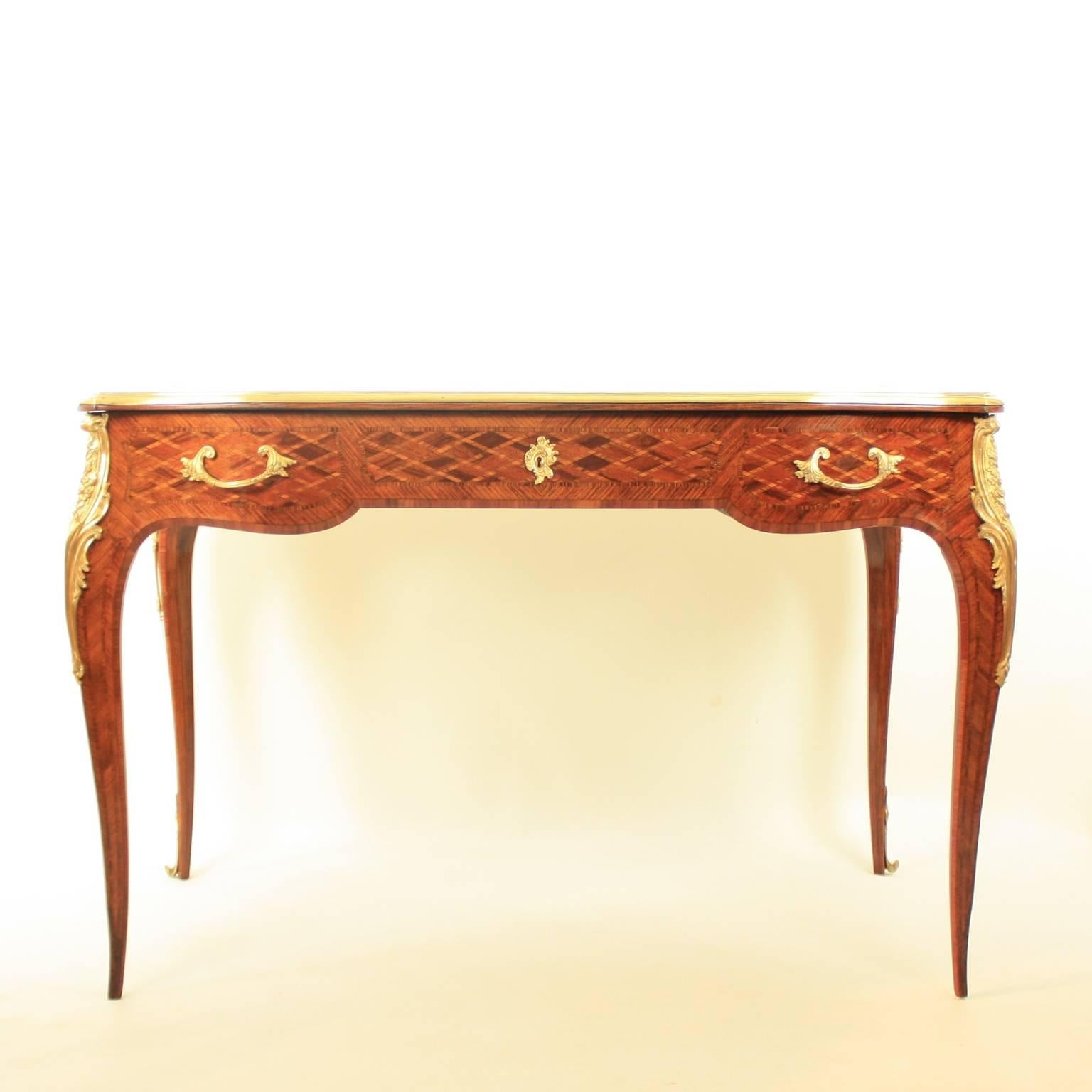 Small Louis XV Style Gilt Bronze Mounted Marquetry Bureau Plat or Desk 4
