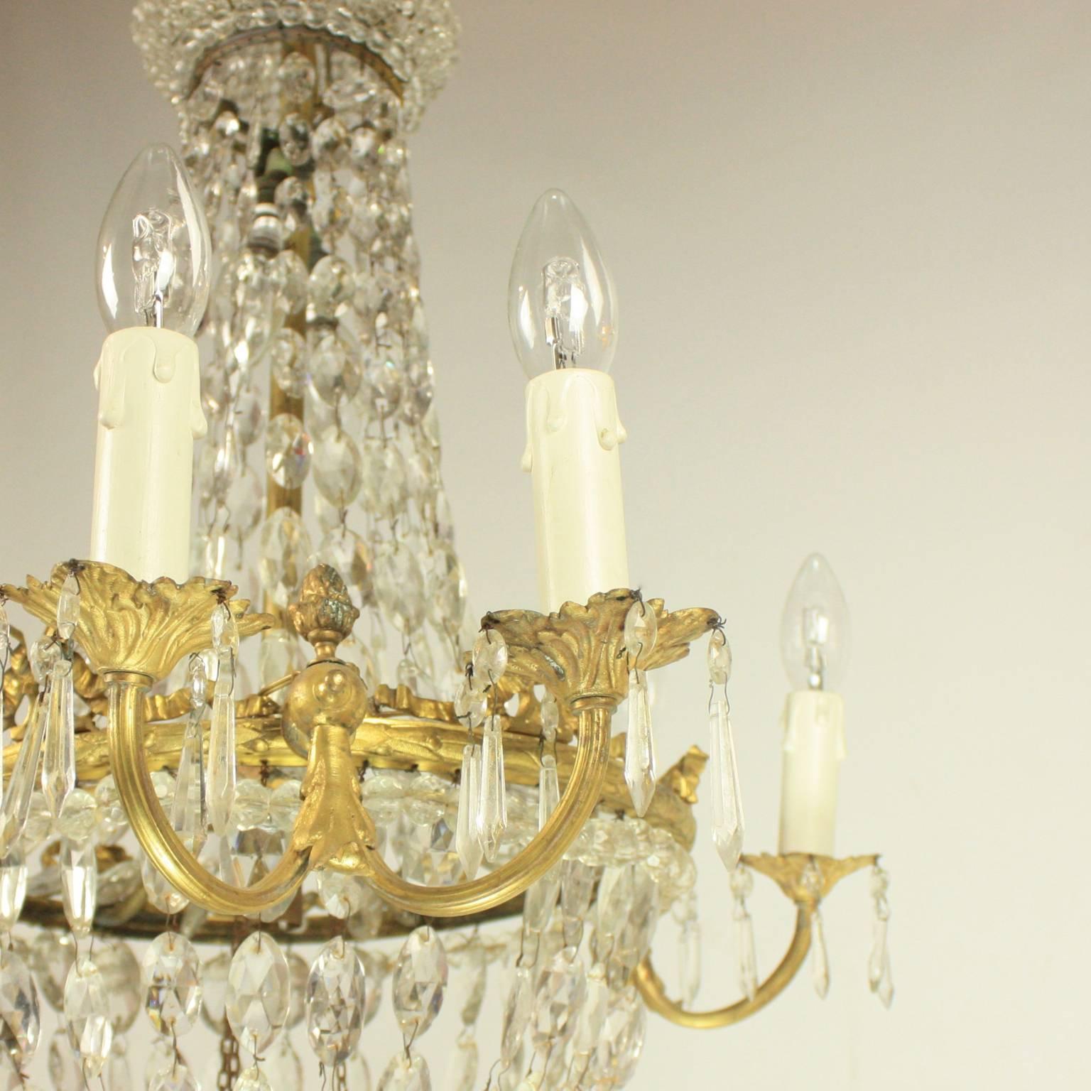 Faceted Late 19th Century French Basket Chandelier with a Crown-Shaped Corona
