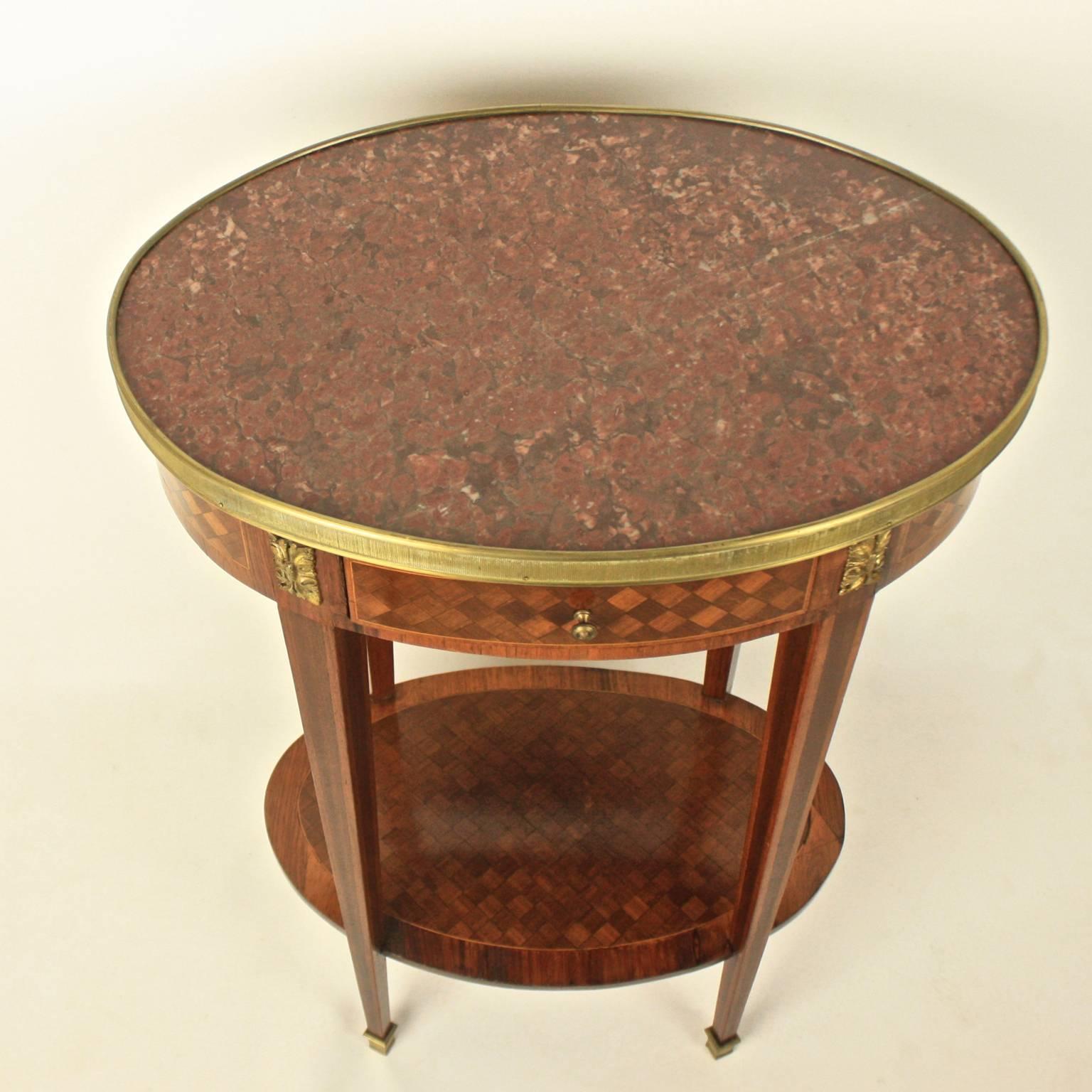 French 19th Century Bronze-Mounted Marquetry Oval Side Table with Red Marble top