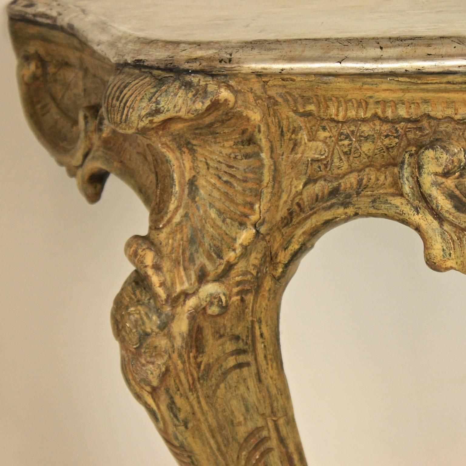 Painted Pair of North Italian Green and Silvered Corner Console Tables, circa 1740