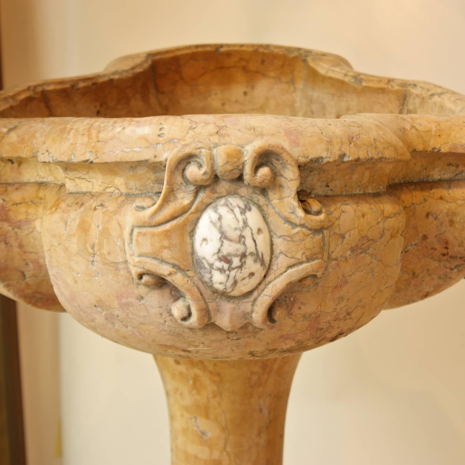 A large and impressive marble Jardinière with a flat multi-lobed basin with neck and flared rim, with cartouches surrounding an oval white and grey marble egg motif at either end of the basin, raised on a tapering baluster finely carved with