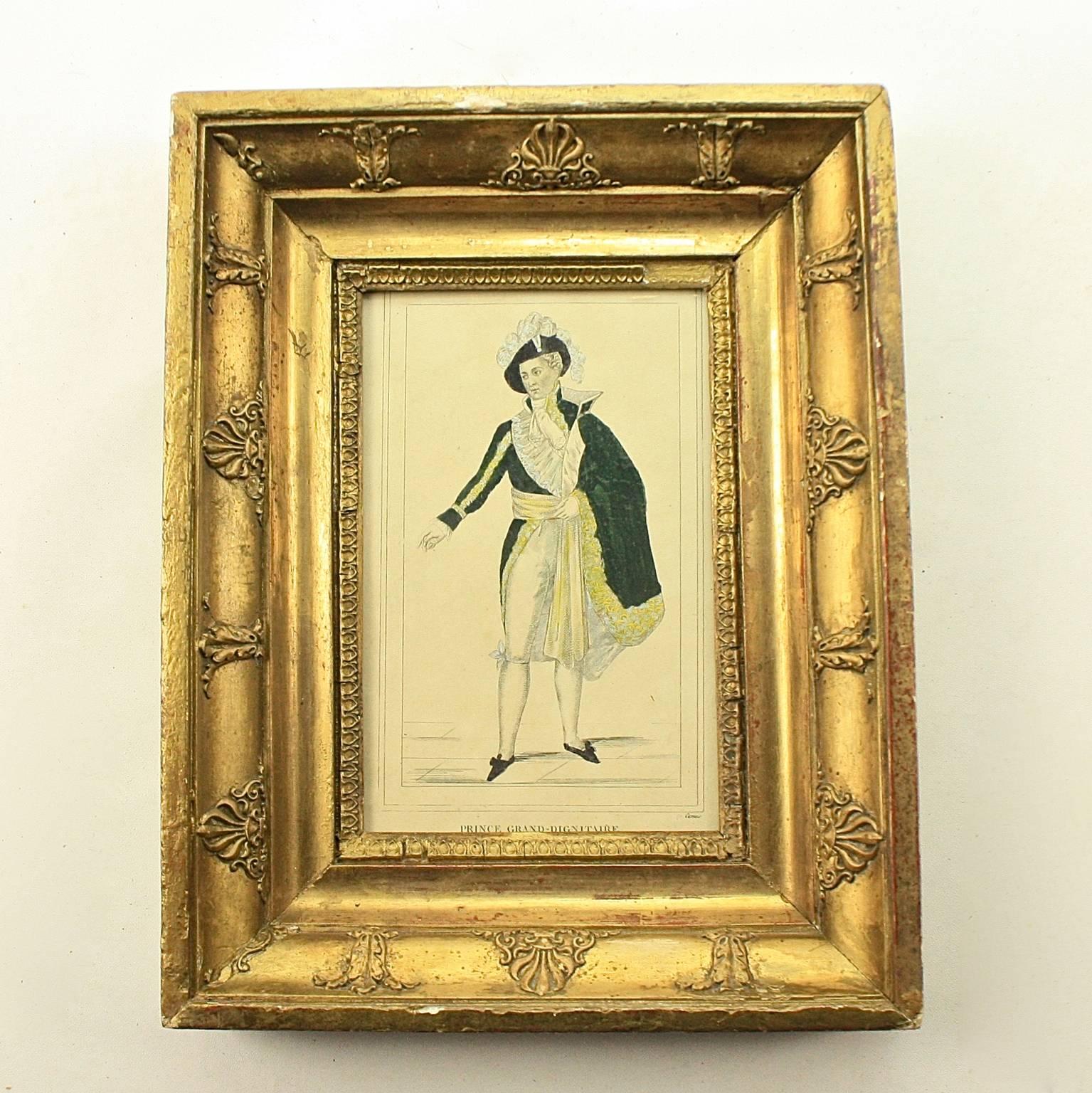 Empire Set of Four Giltwood Framed and Hand Coloured Fashion Plates, France, 1810 