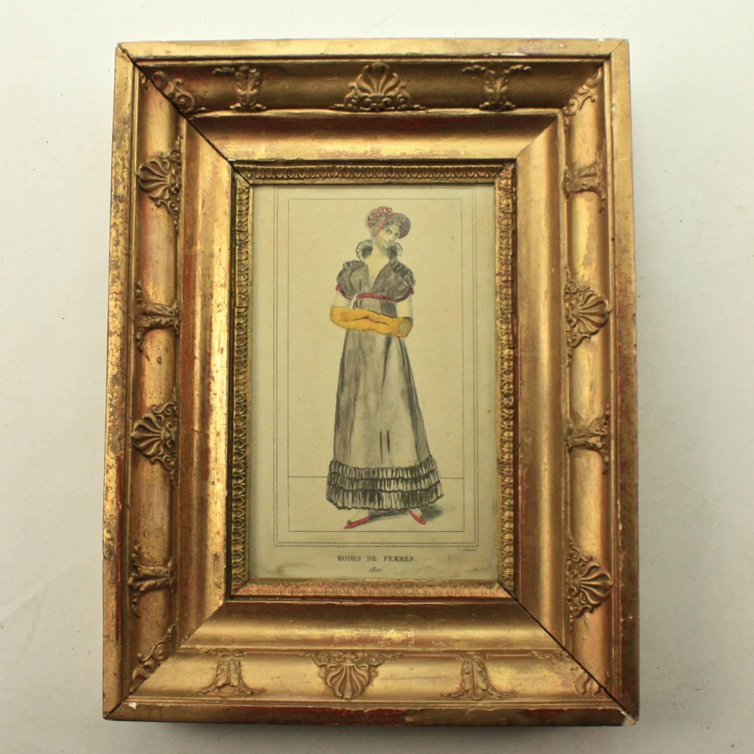 French Set of Four Giltwood Framed and Hand Coloured Fashion Plates, France, 1810 