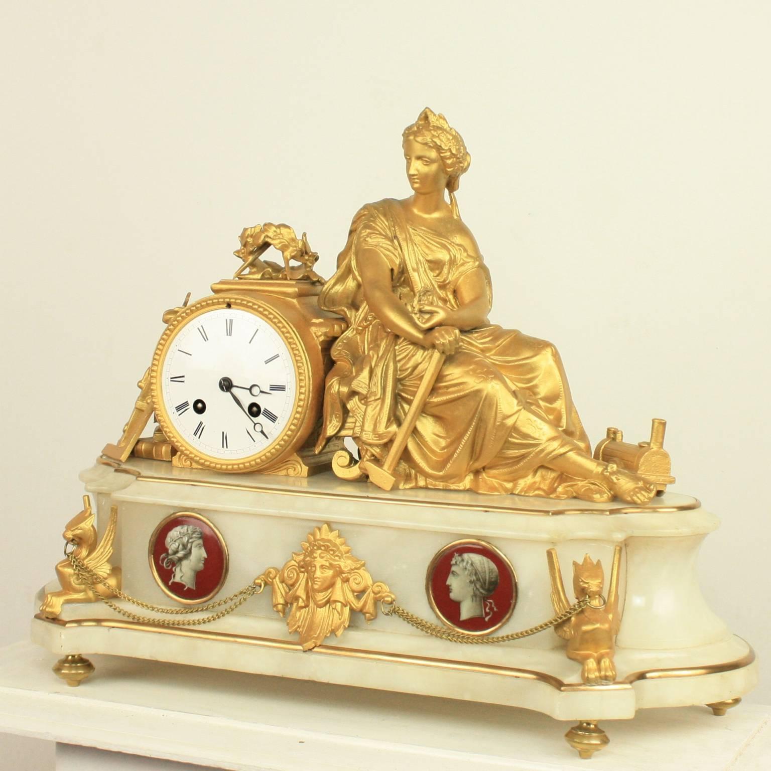 Porcelain French 19th Century Alabaster Mantle Clock