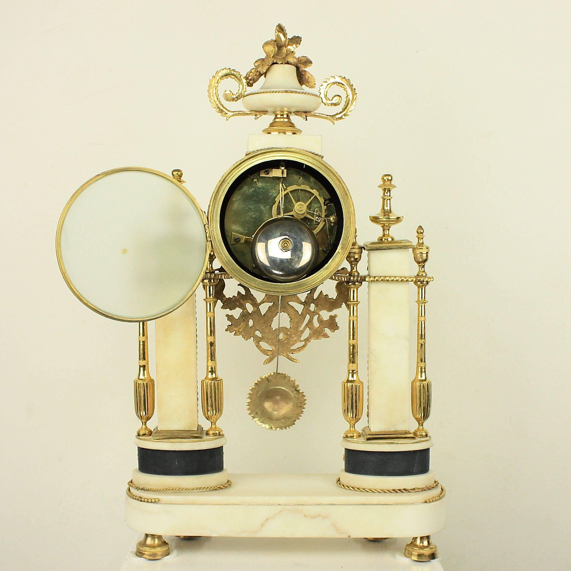 Enamel Late 18th Century Louis XVI Carrara and Black Marble Ormolu Portico Mantle Clock