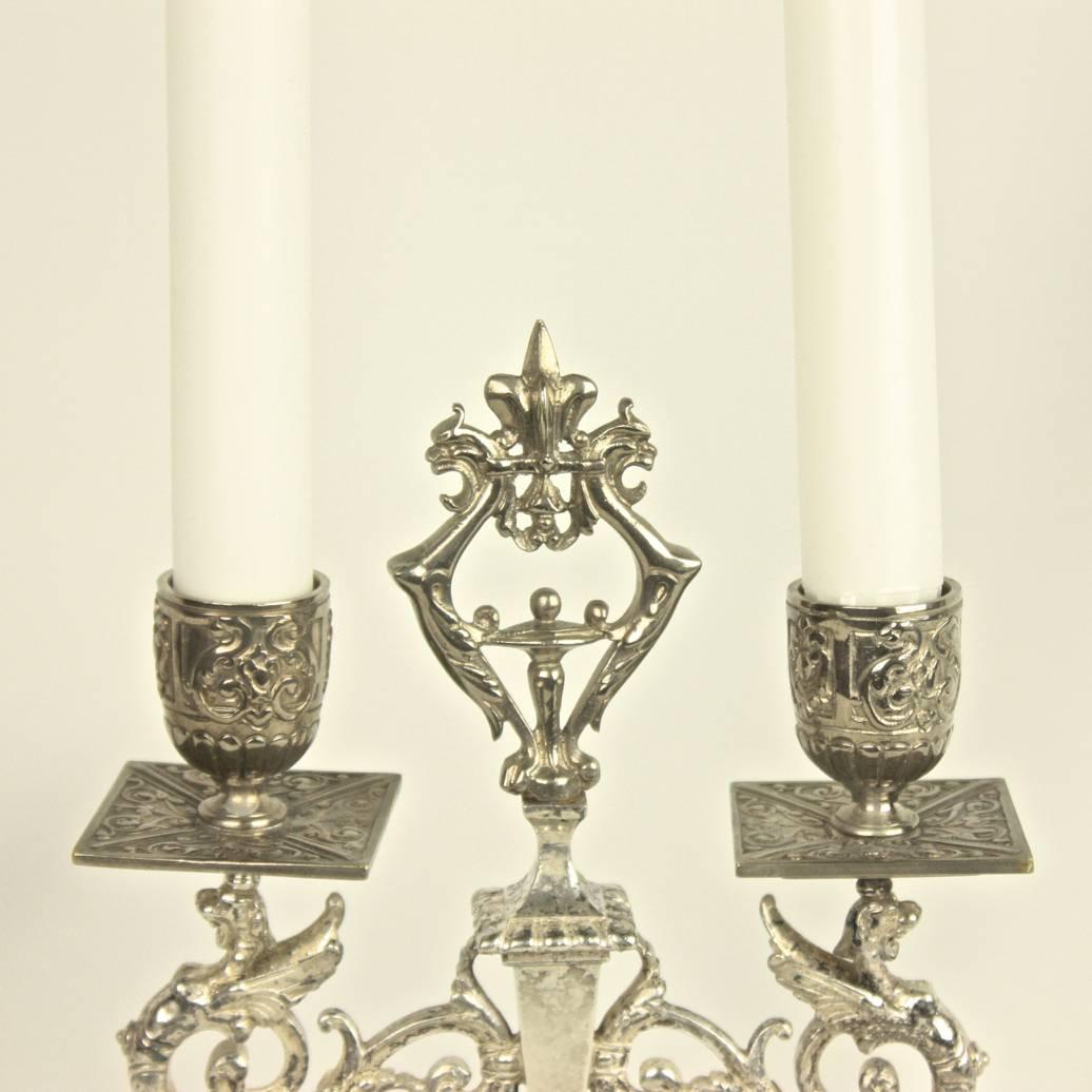 French Pair of Silver Plated Renaissance Revival Two-Light Candelabra, Paris, 1860