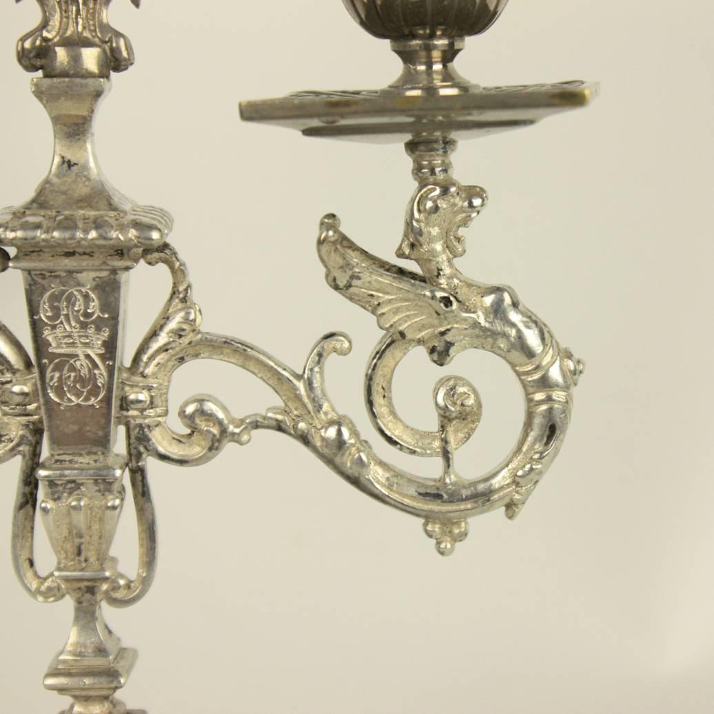 19th Century Pair of Silver Plated Renaissance Revival Two-Light Candelabra, Paris, 1860