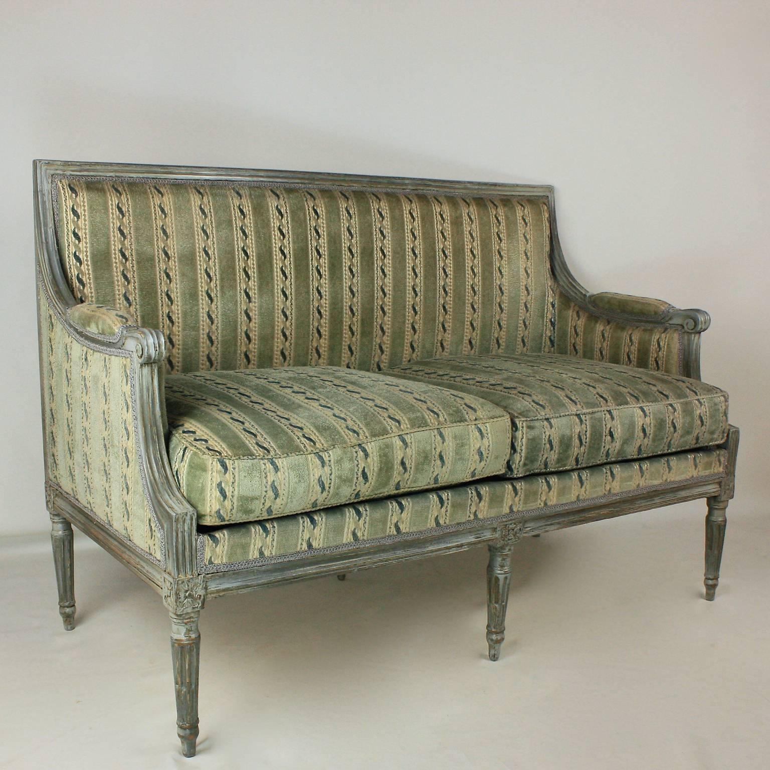 French 18th Century Louis XVI Blue or Grey Carved and Painted Settee