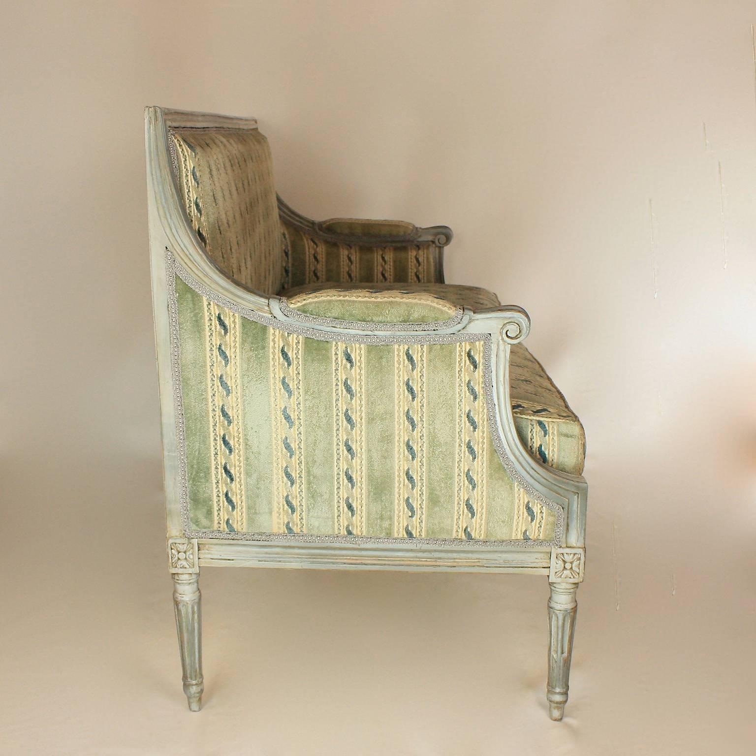 18th Century Louis XVI Blue or Grey Carved and Painted Settee 1