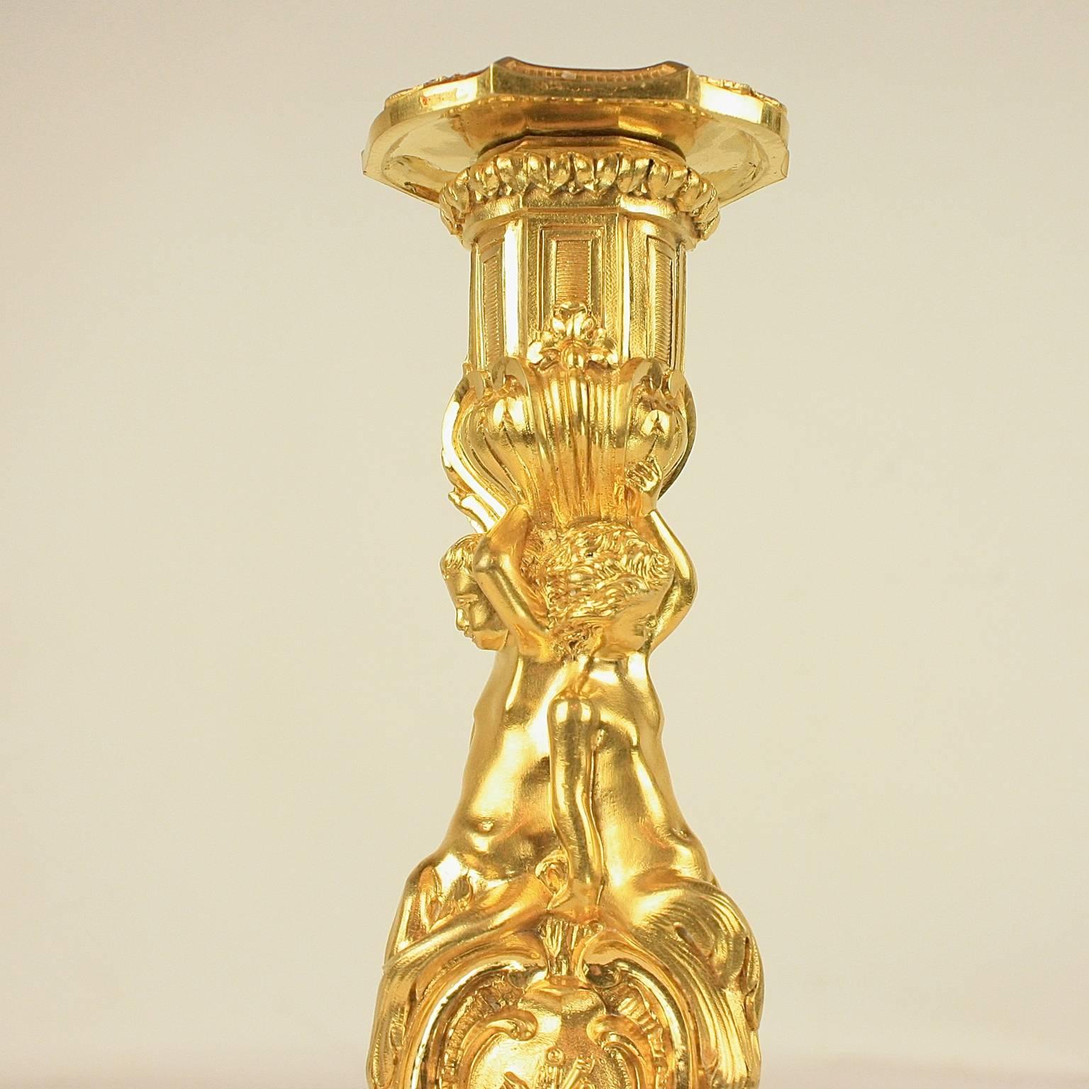 French Pair of 19th Century Louis XV Ormolu Candlesticks After Meissonier