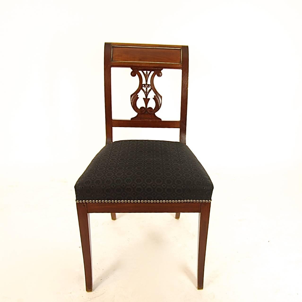 French Set of Four Directoire Mahogany Side Chairs with Brass Banding For Sale