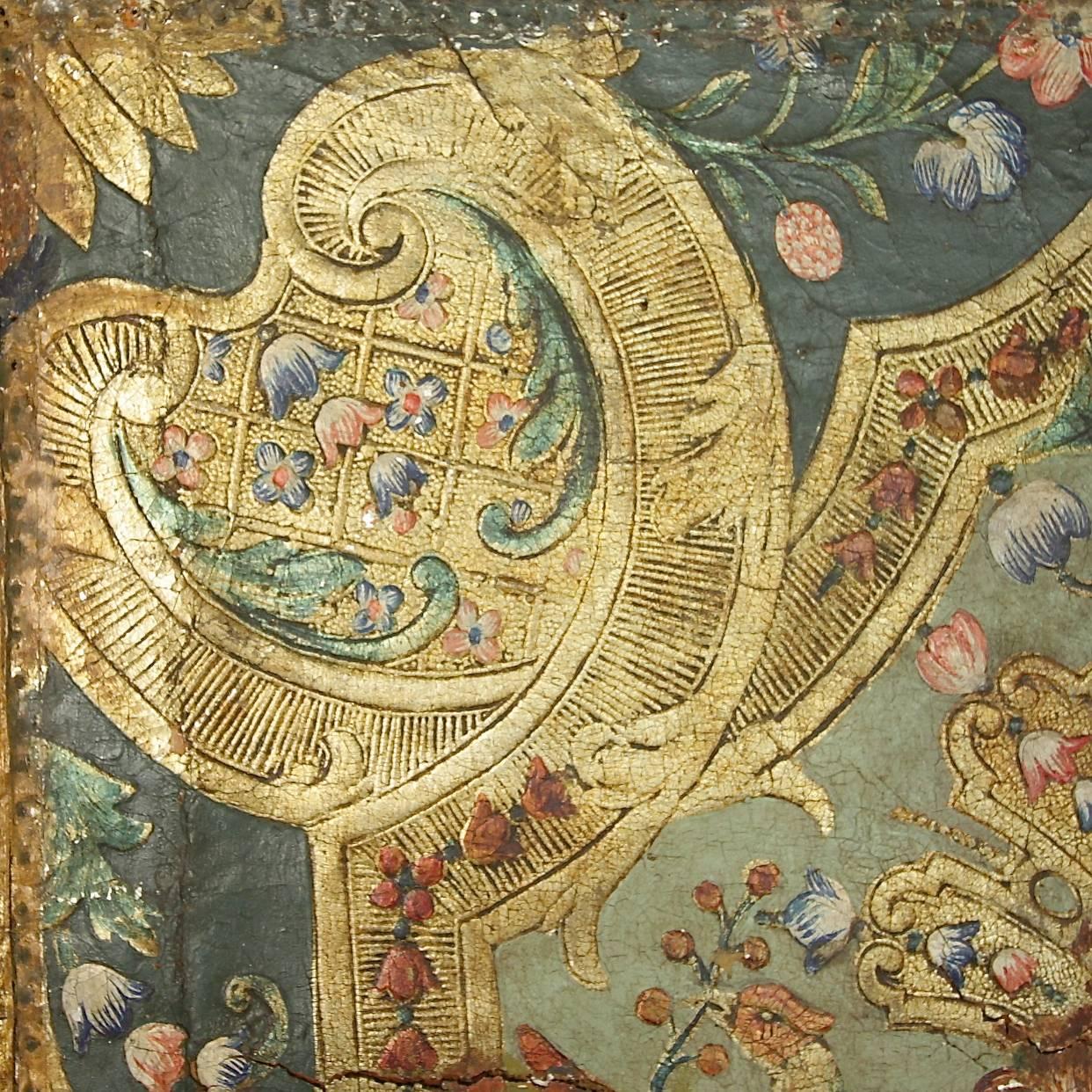 Dutch Early 18th Century Embossed and Polychrome Painted Leather Three-Leaf Screen
