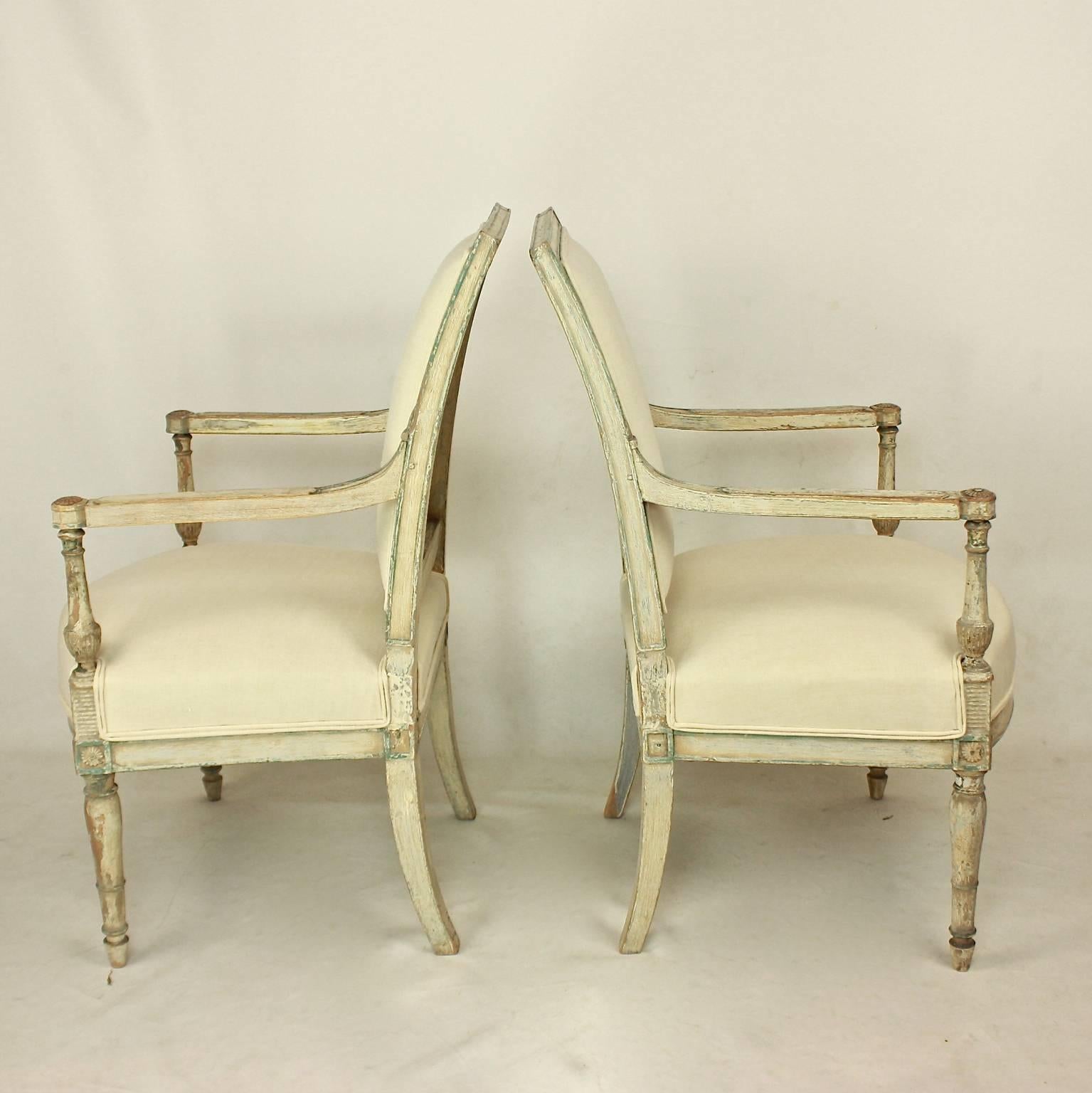 French Pair of Late 18th Century Directoire Paint Wood Fauteuils or Armchairs