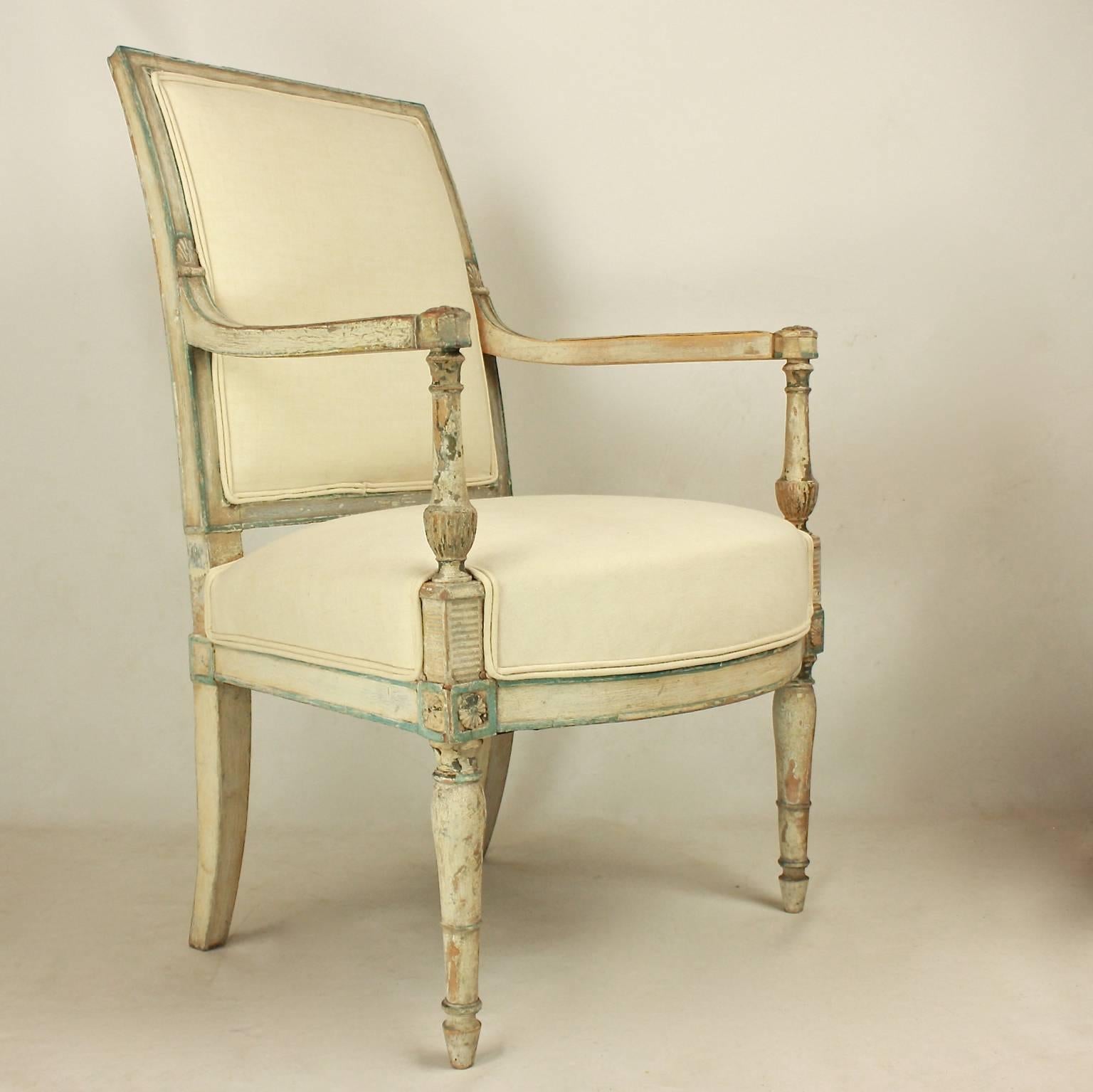 Linen Pair of Late 18th Century Directoire Paint Wood Fauteuils or Armchairs
