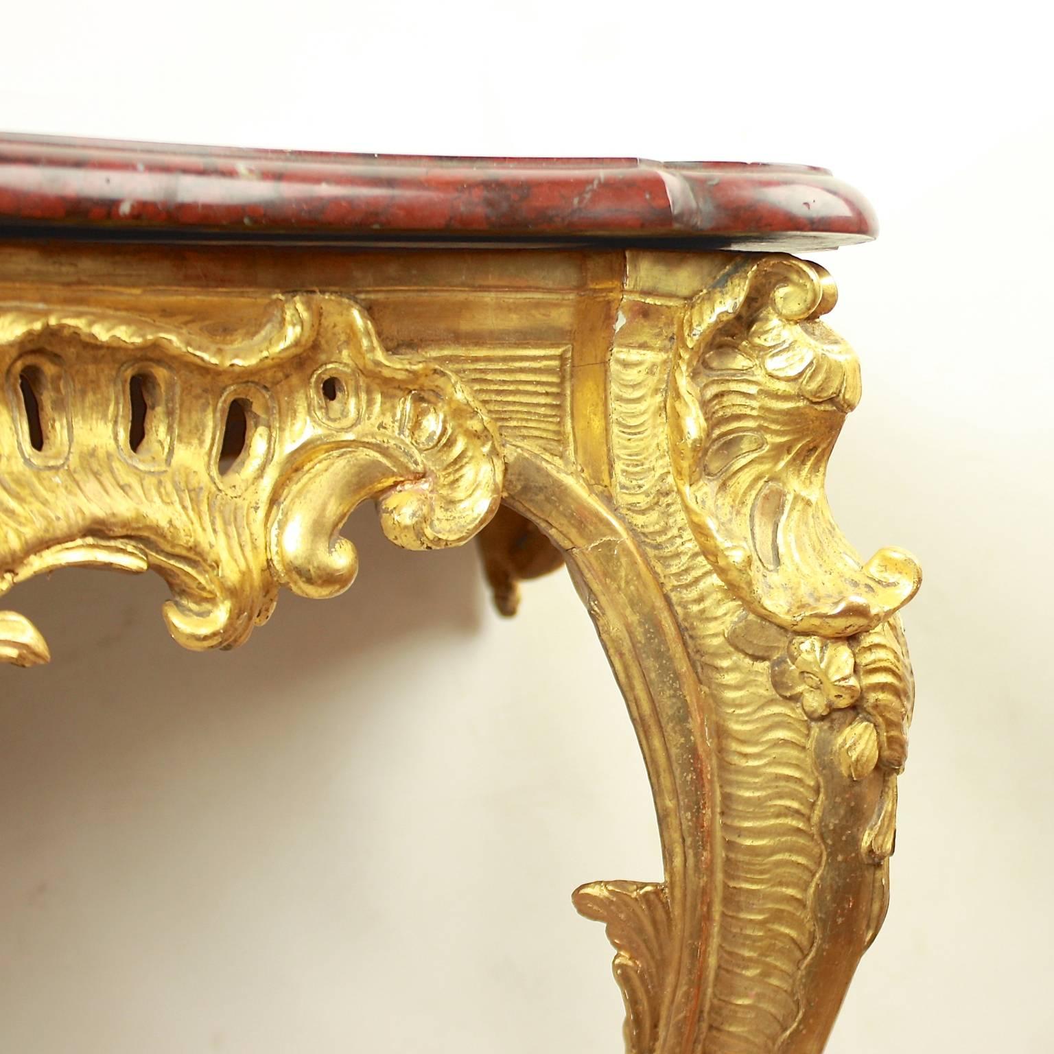 Carved French Louis XV Giltwood Console Table, Mid-18th Century