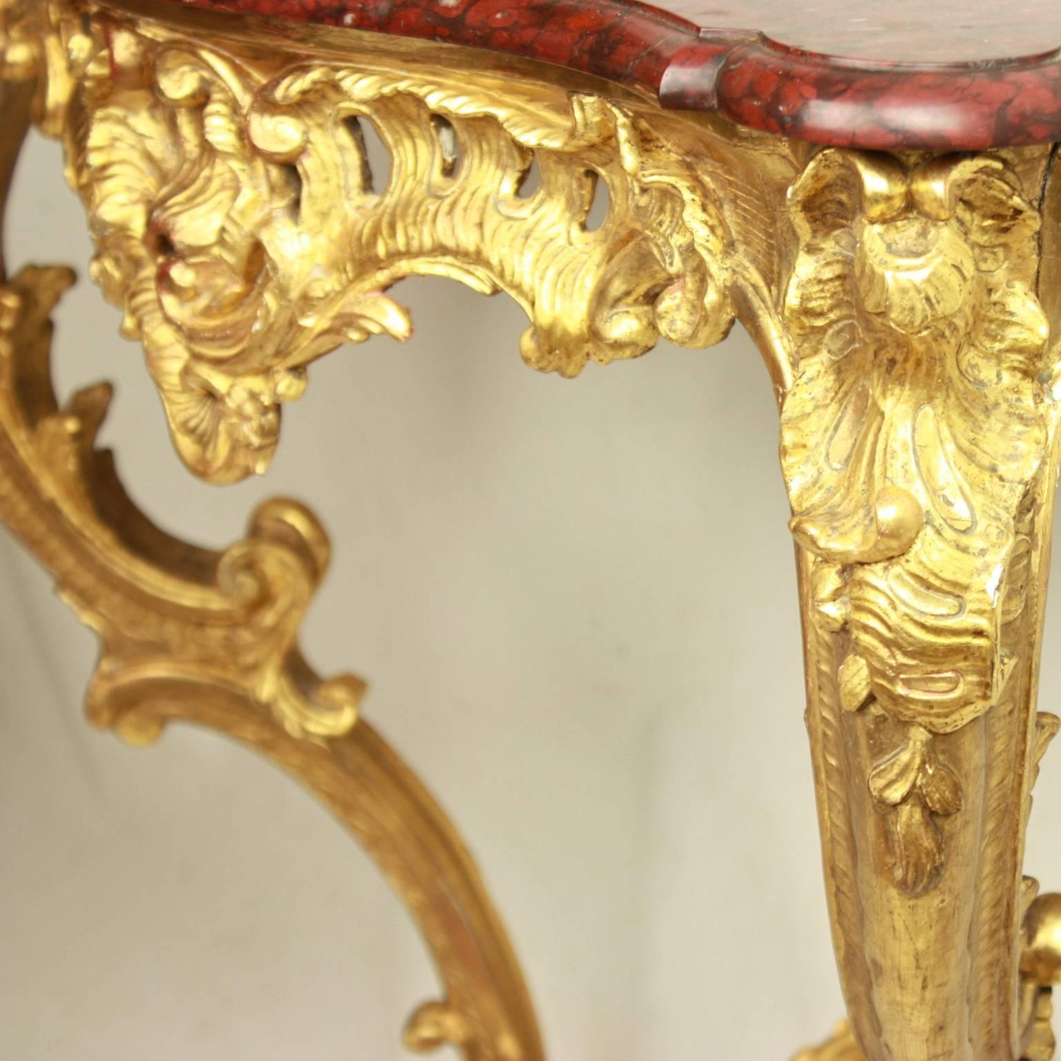 Griotte Marble French Louis XV Giltwood Console Table, Mid-18th Century